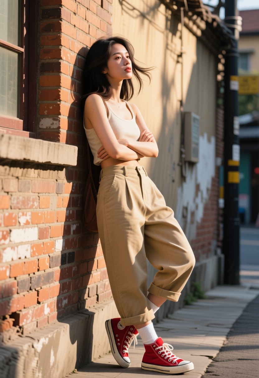 A cinematic,  high-fashion street portrait featuring a young Asian woman leaning casually against an aged brick wall. Her...