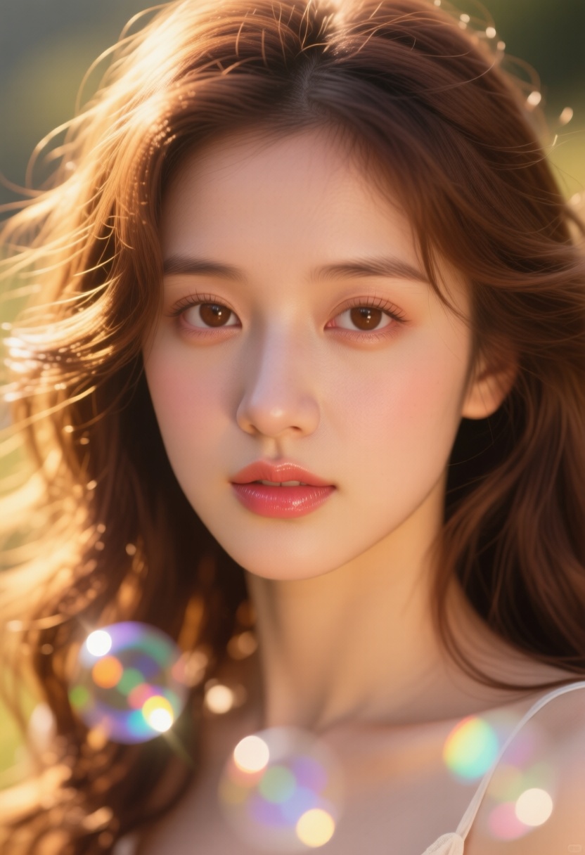 A dreamy and ethereal portrait of a young woman with soft,  wavy brown hair illuminated by cascading sunlight. Her deep,...