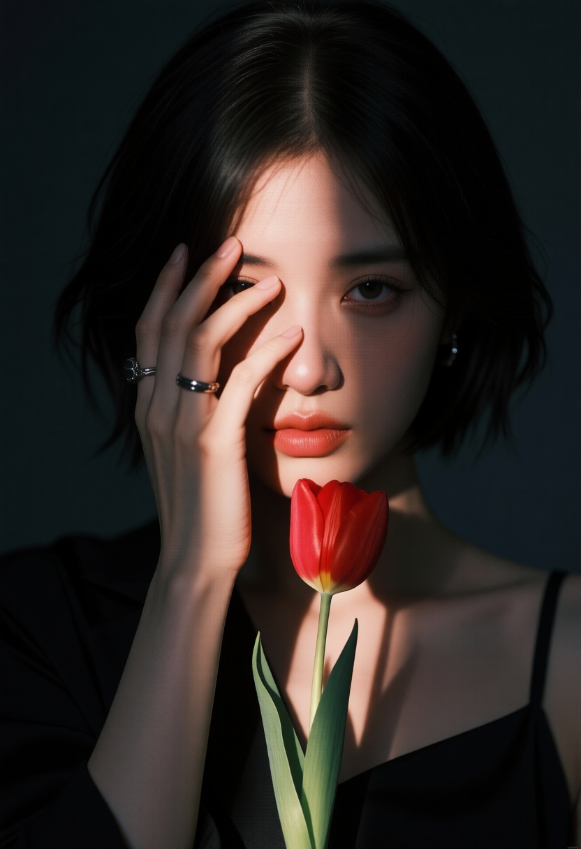 A portrait of a girl with short,  dark hair,  partially illuminated by a narrow beam of light on Tensor.Art