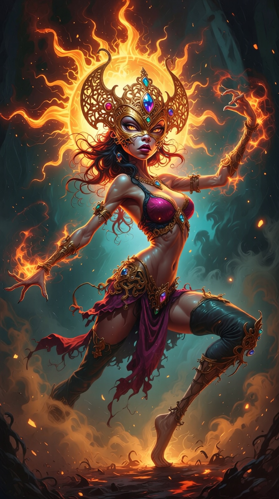 Create a highly detailed,  ultra-exaggerated caricature of an efiery spirit radiates from the glam metal warrior maiden,...