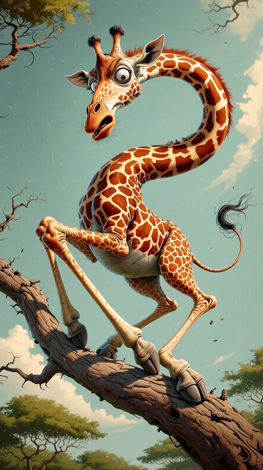 Create a Cariji-style caricature exaggerated image depicting a giraffe perched on a large,  weathered tree branch. The gir...