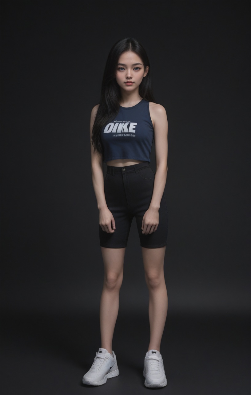 fashion advertising campaign in studio on a black background,  young Korean race woman,  Nike x Skepta fashion clothing on...