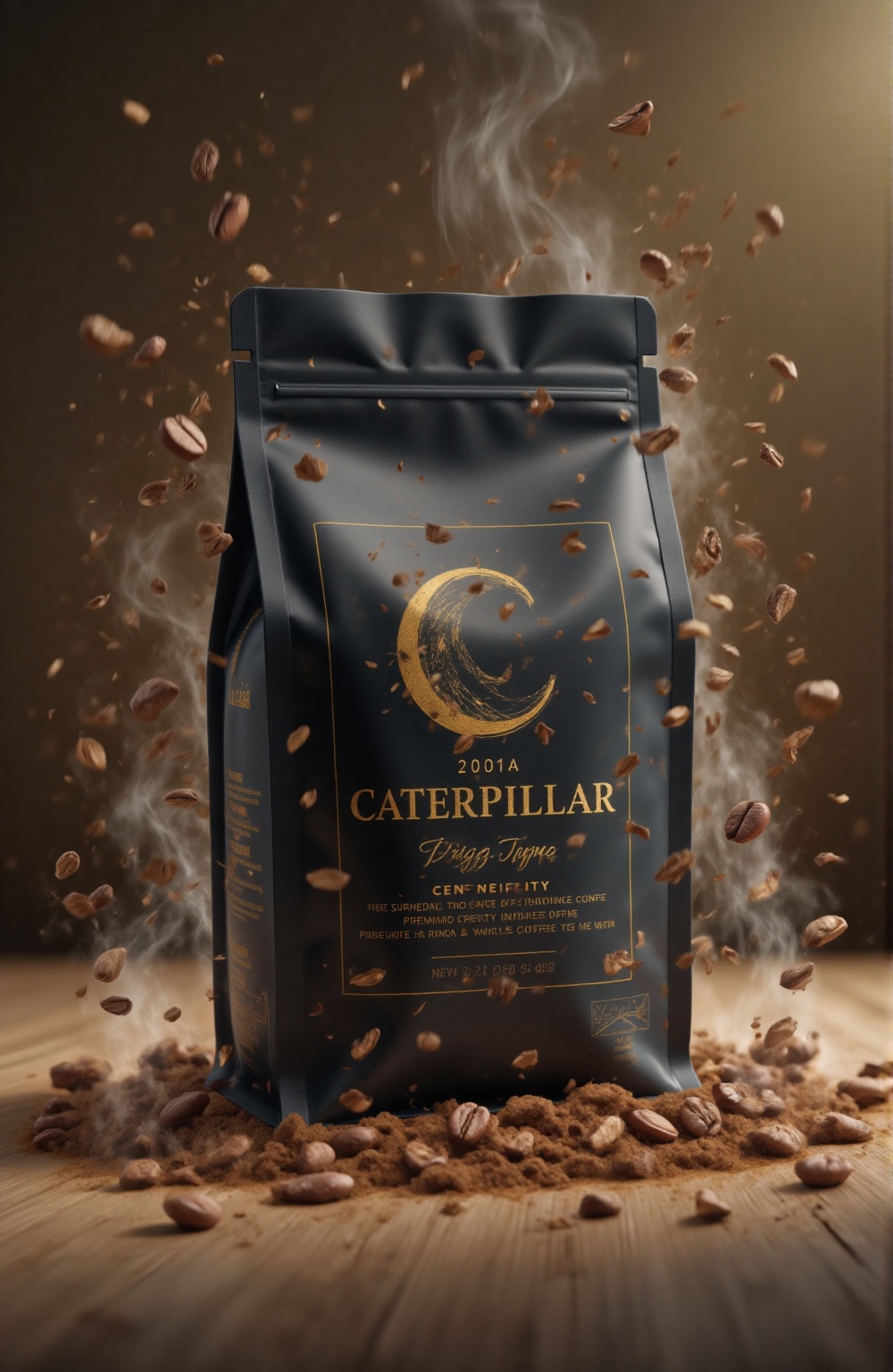 Premium coffee bean pouch packaging with bold "CATERPILLAR" branding in black and gold,  matte finish,  minimalist label d...