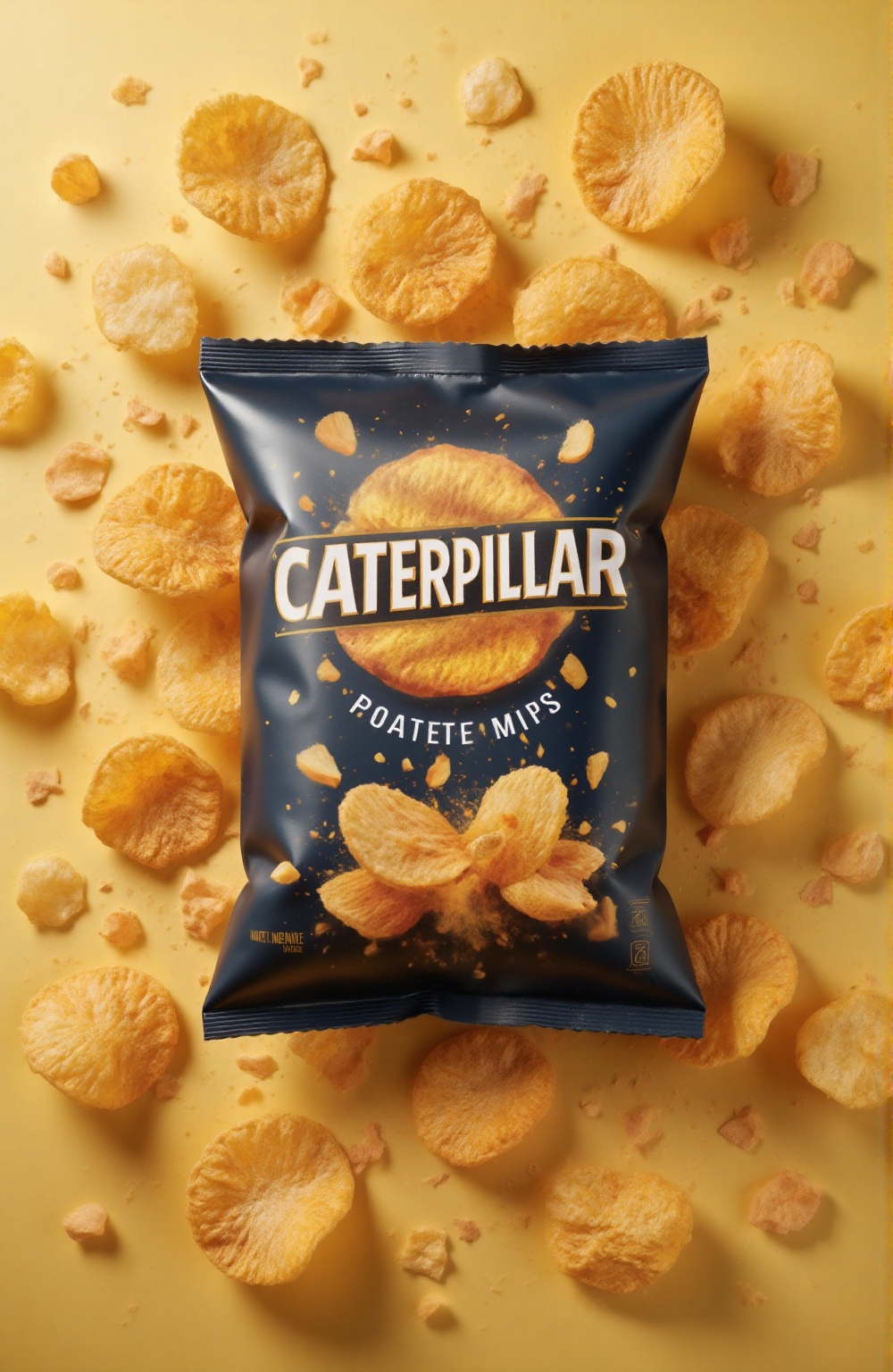 A modern chips packet design with bold CATERPILLAR branding,  matte finish packaging,  minimalistic vector illustrations o...