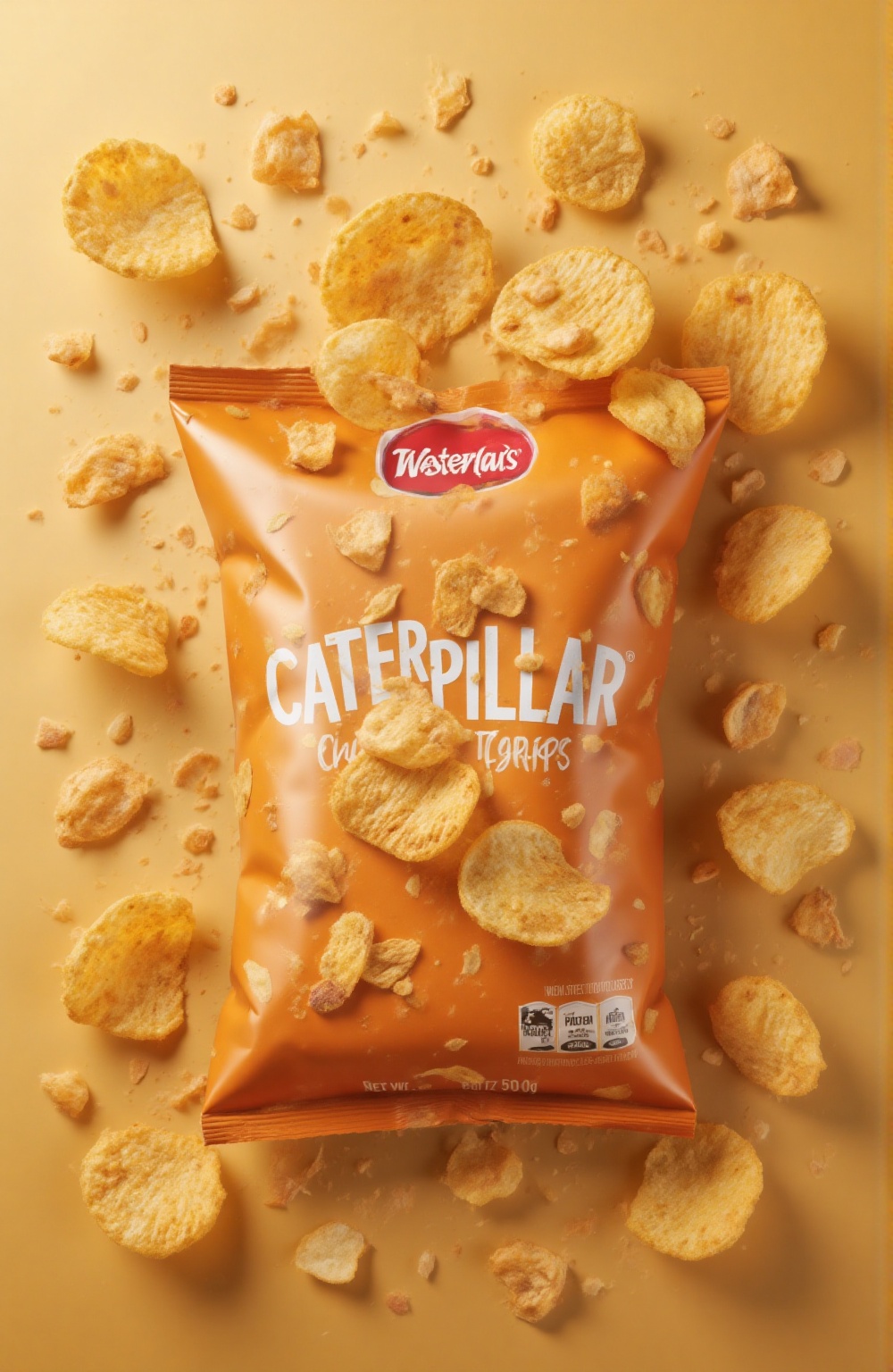 A modern chips packet design with bold CATERPILLAR branding,  matte finish packaging,  minimalistic vector illustrations o...