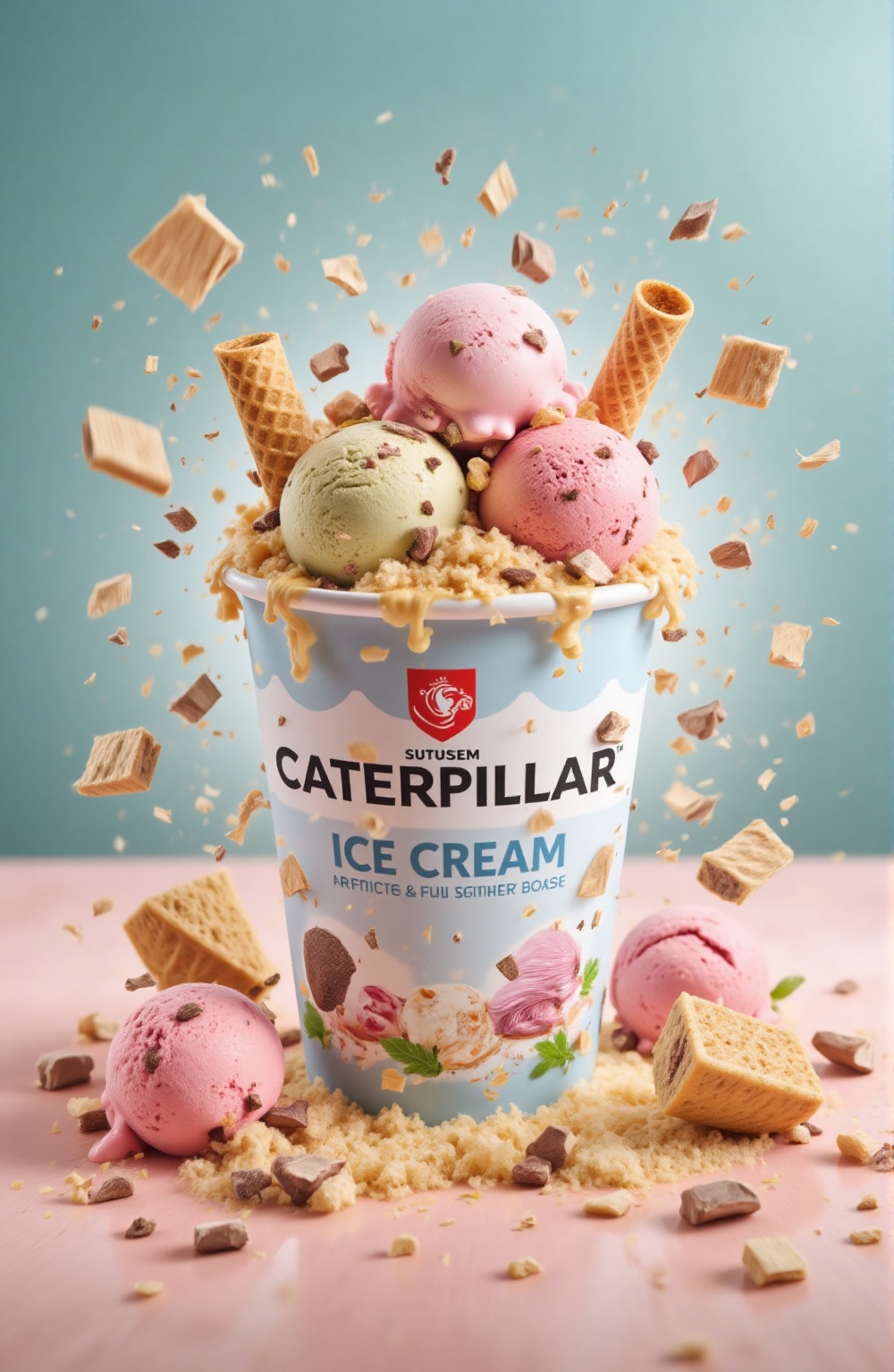 A sleek ice cream tub packaging with large bold CATERPILLAR logo,  pastel color palette,  minimal illustrations of ice cre...