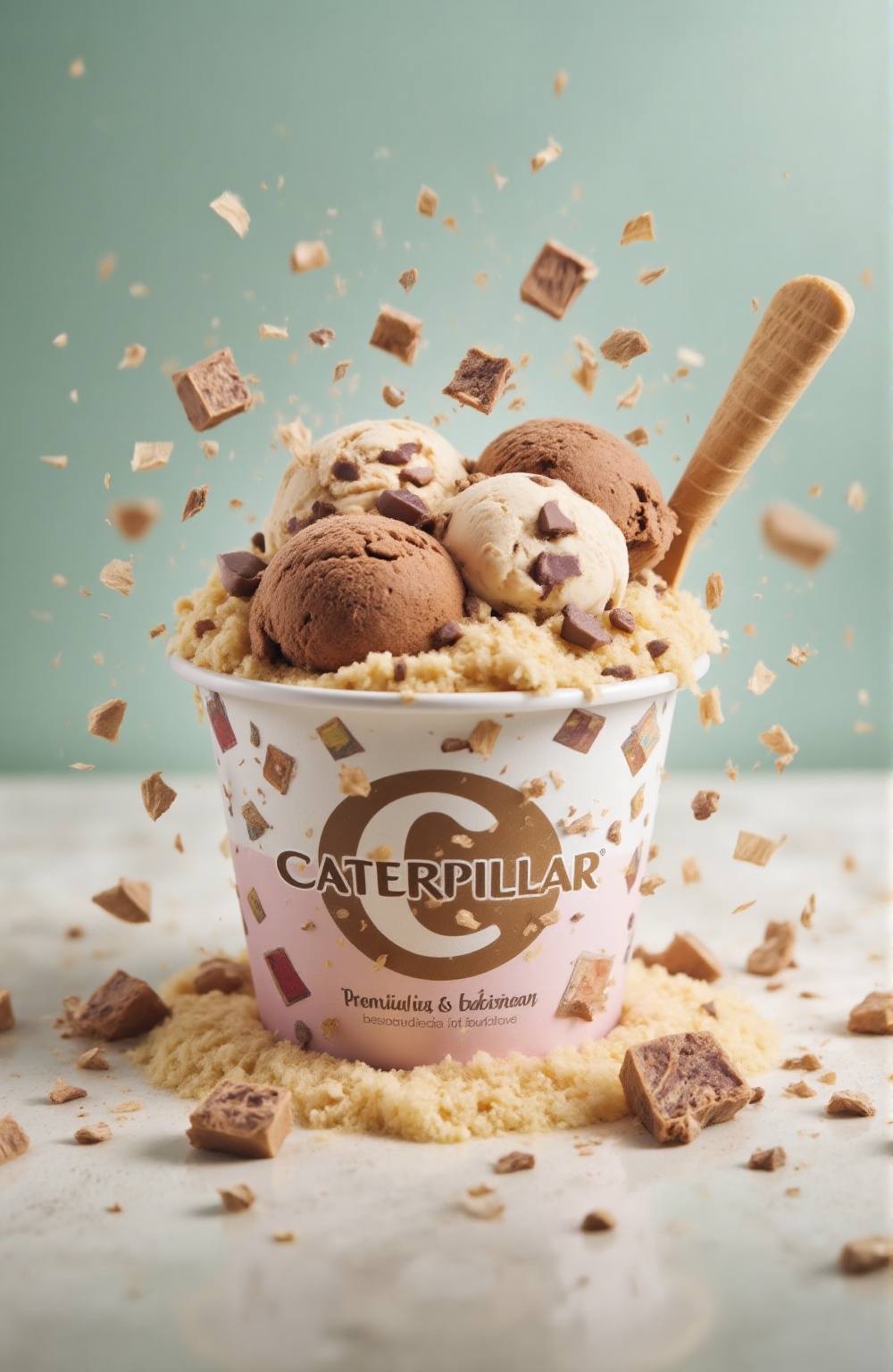 A sleek ice cream tub packaging with large bold CATERPILLAR logo,  pastel color palette,  minimal illustrations of ice cre...