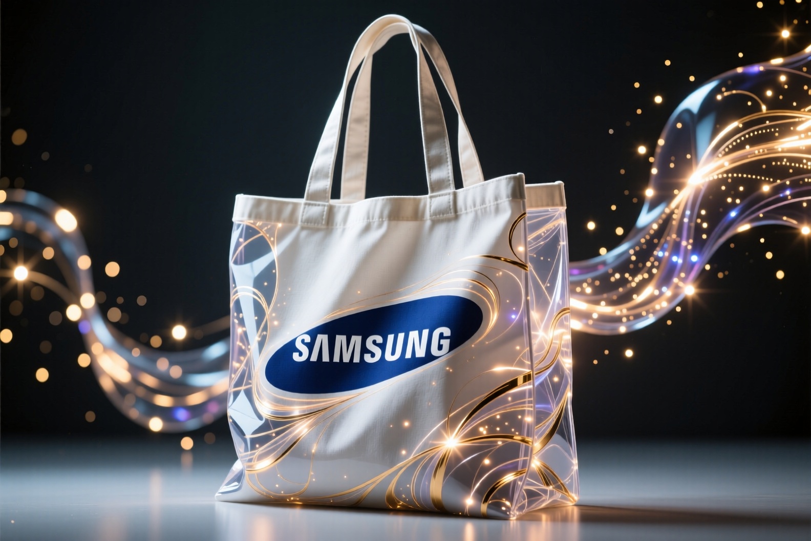 tote bag mockup with Samsung Logo,  clean background,  totebag style on Tensor.Art