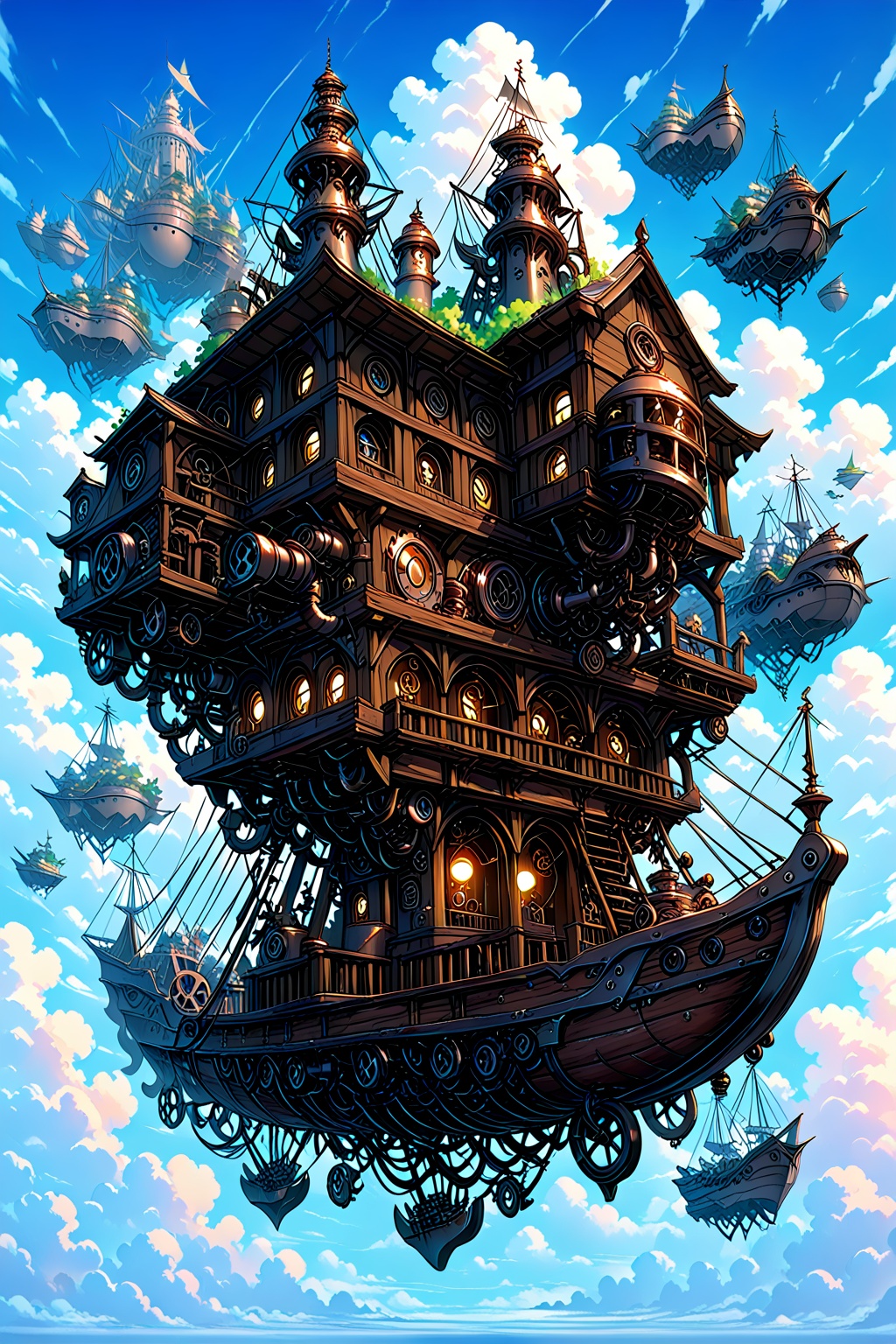 A fantastical scene with a large,  sleek airship flying through a sky filled with towering,  fluffy clouds. The airship ha...