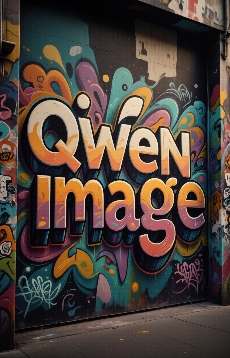 Kintypographyfus. Text: "Qwen Image". Poster typography integration. Letters blending into a graffiti wall mural. Street a...