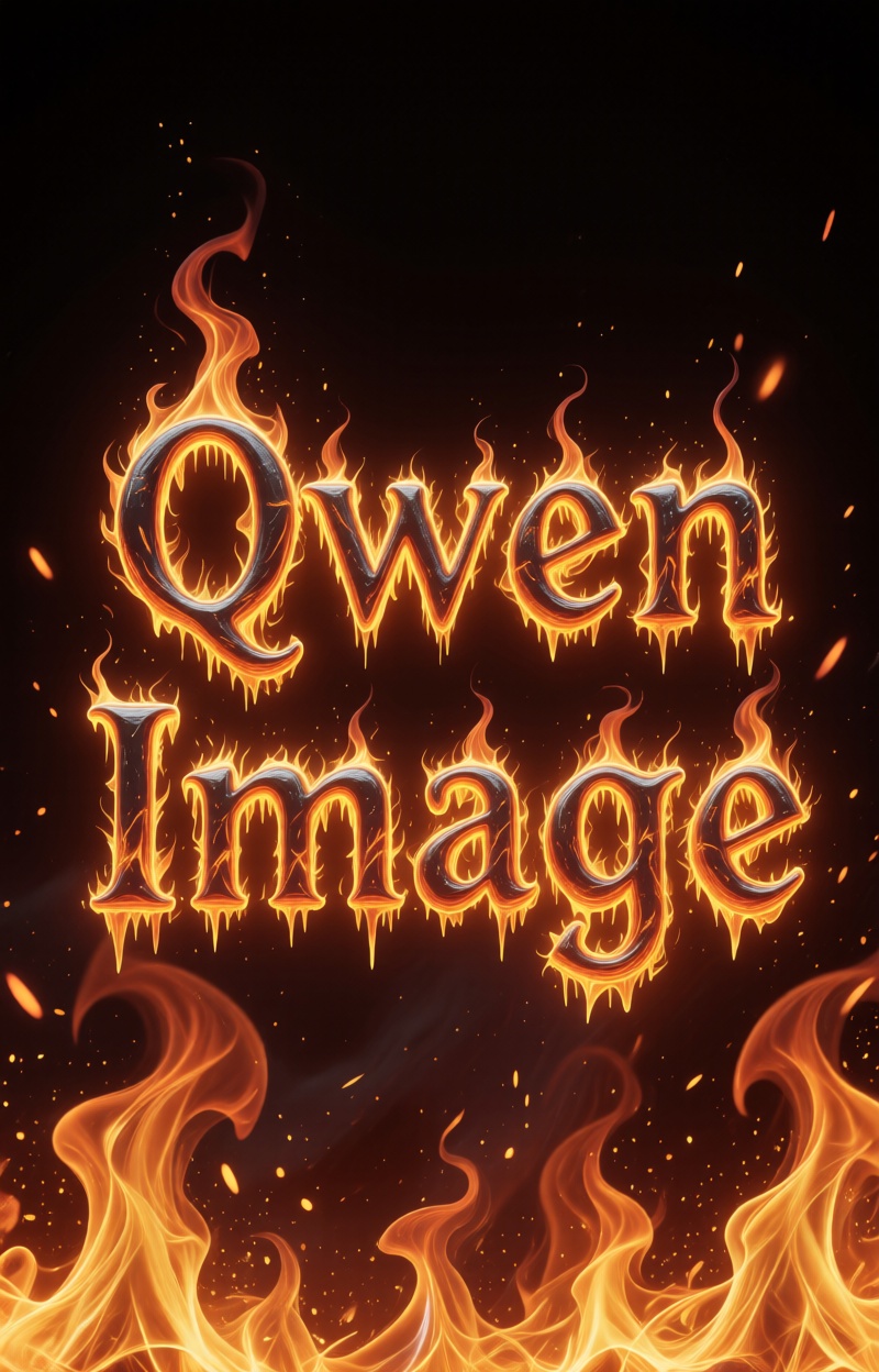 Kintypographyfus. Text: "Qwen Image". Typography in fire. Glowing molten letters dripping sparks. Cinematic inferno backgr...