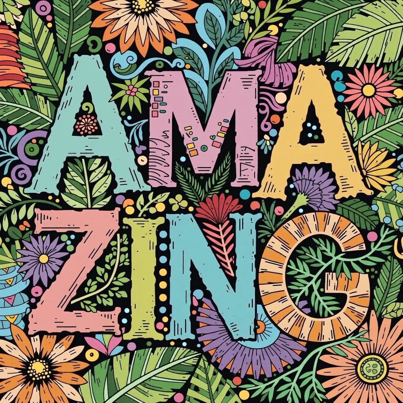 create a text : "AMAZING" with Zentangle Text Art Style,  Multi Color on Tensor.Art