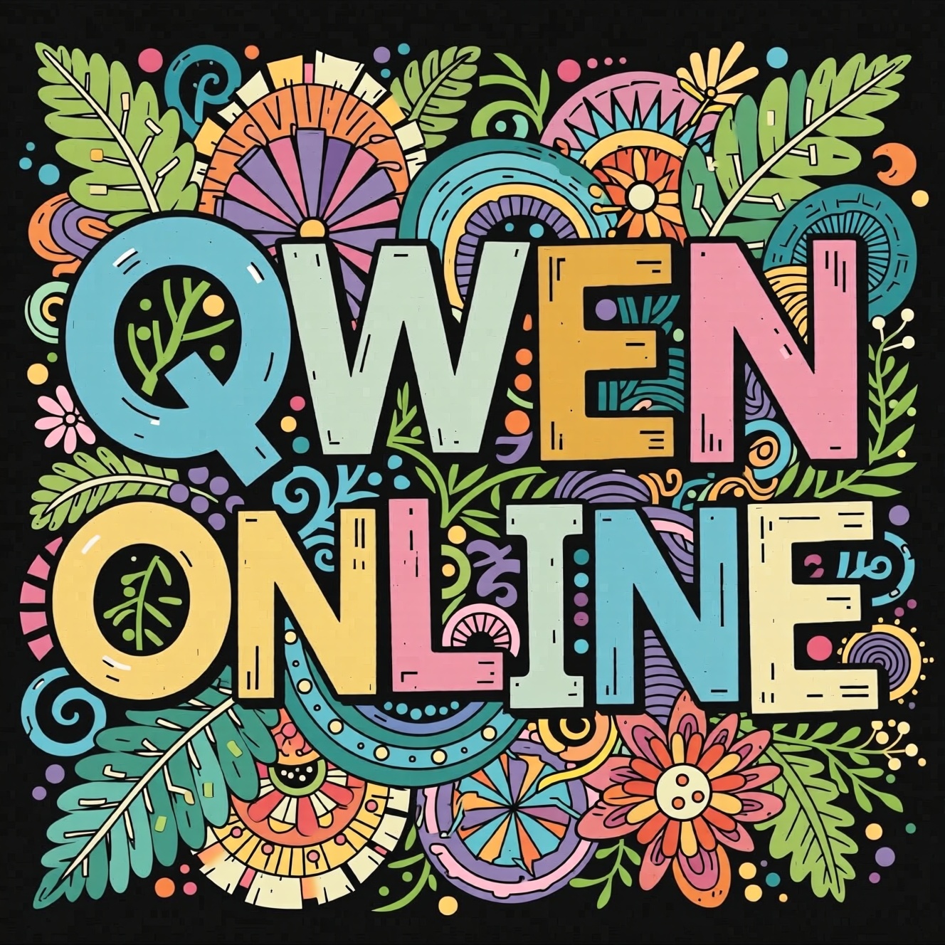 create a text : "QWEN ONLINE" with Zentangle Text Art Style,  Multi Color on Tensor.Art