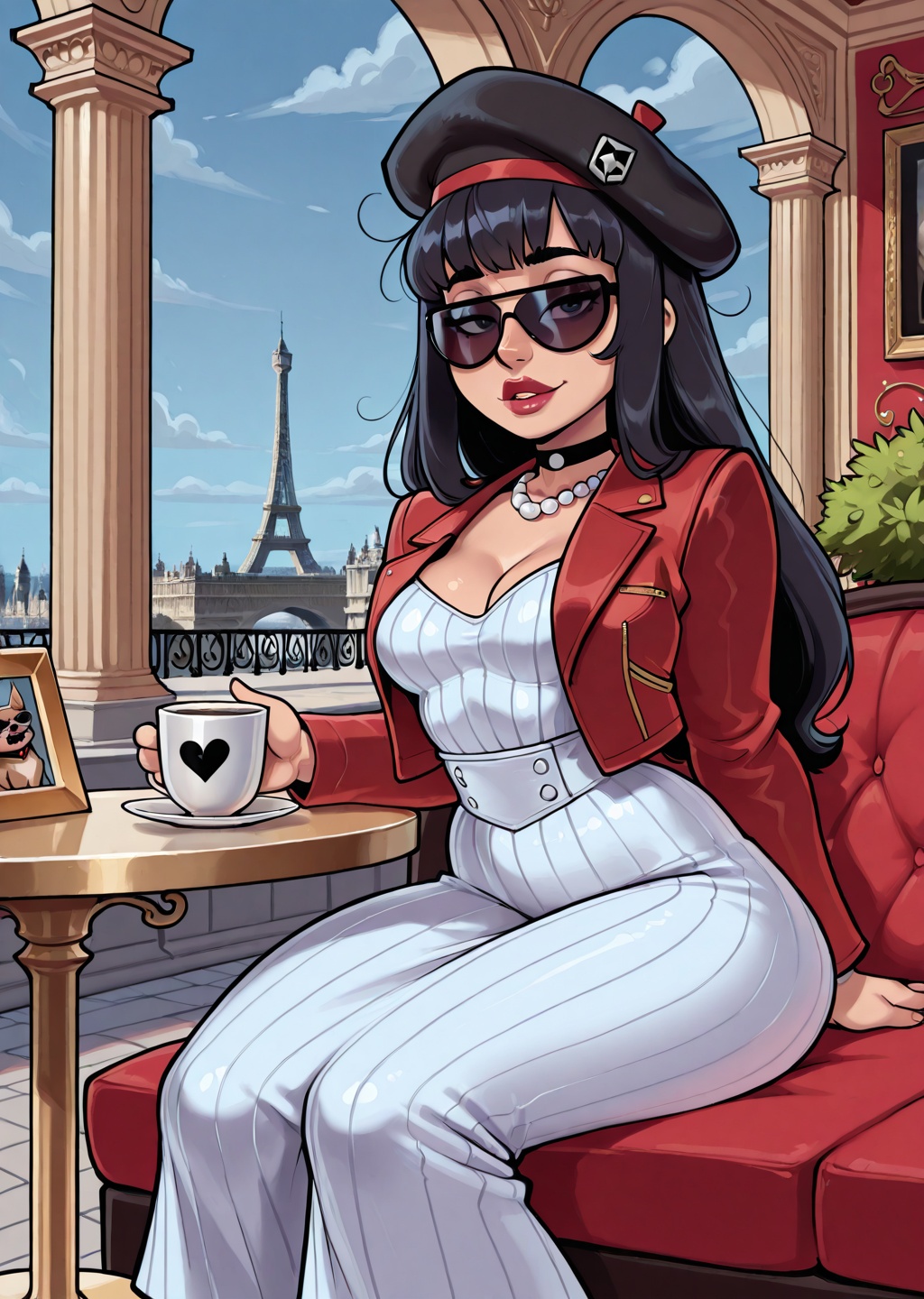a disheveled chihuahua ((wearing a fashionale red jacket,  a black French beret and round white pearl-rimmed sunglasses)),...