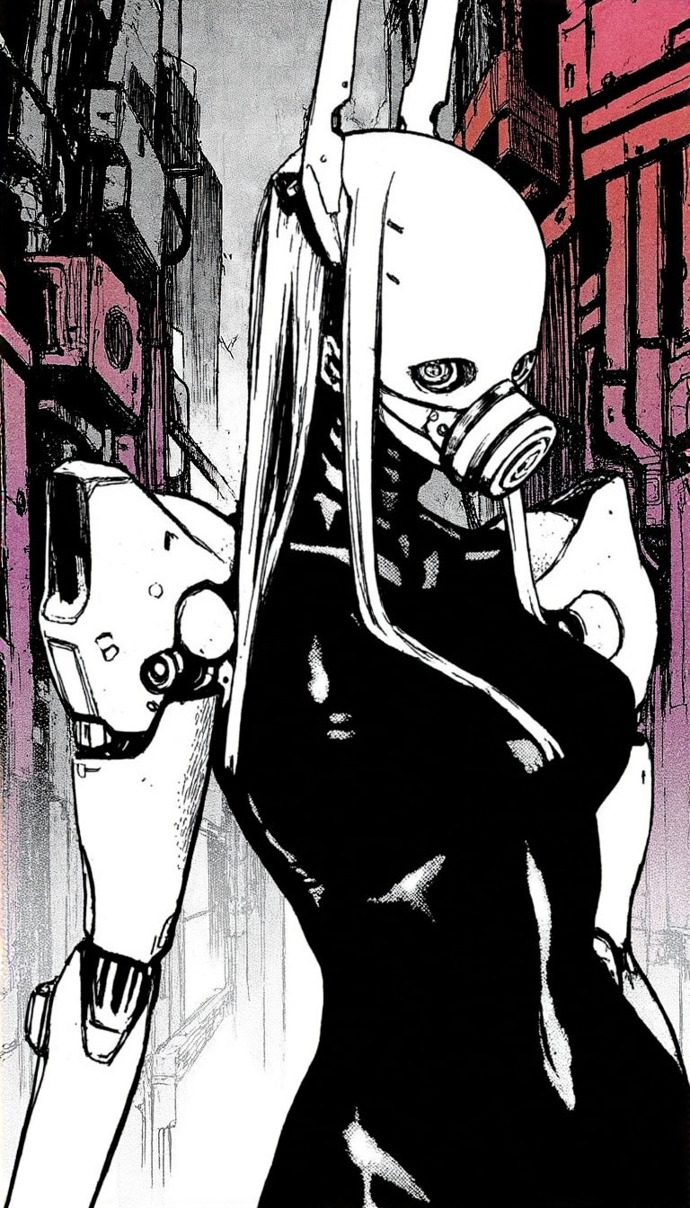 a monochrome manga illustration by tsutomo nihei,  1girl,  monochrome on Tensor.Art