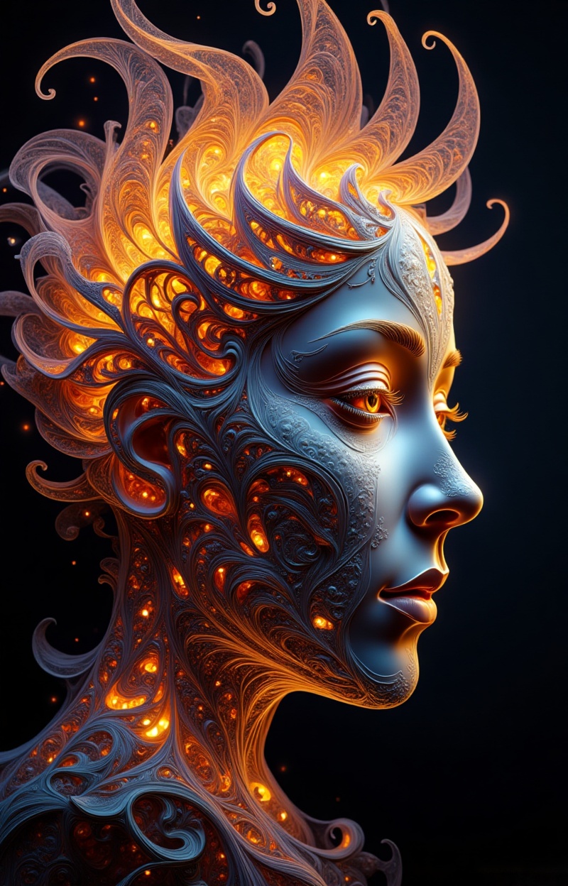 Portrait of a human face,  fractal face,  constructed from glowing fractal patterns on Tensor.Art