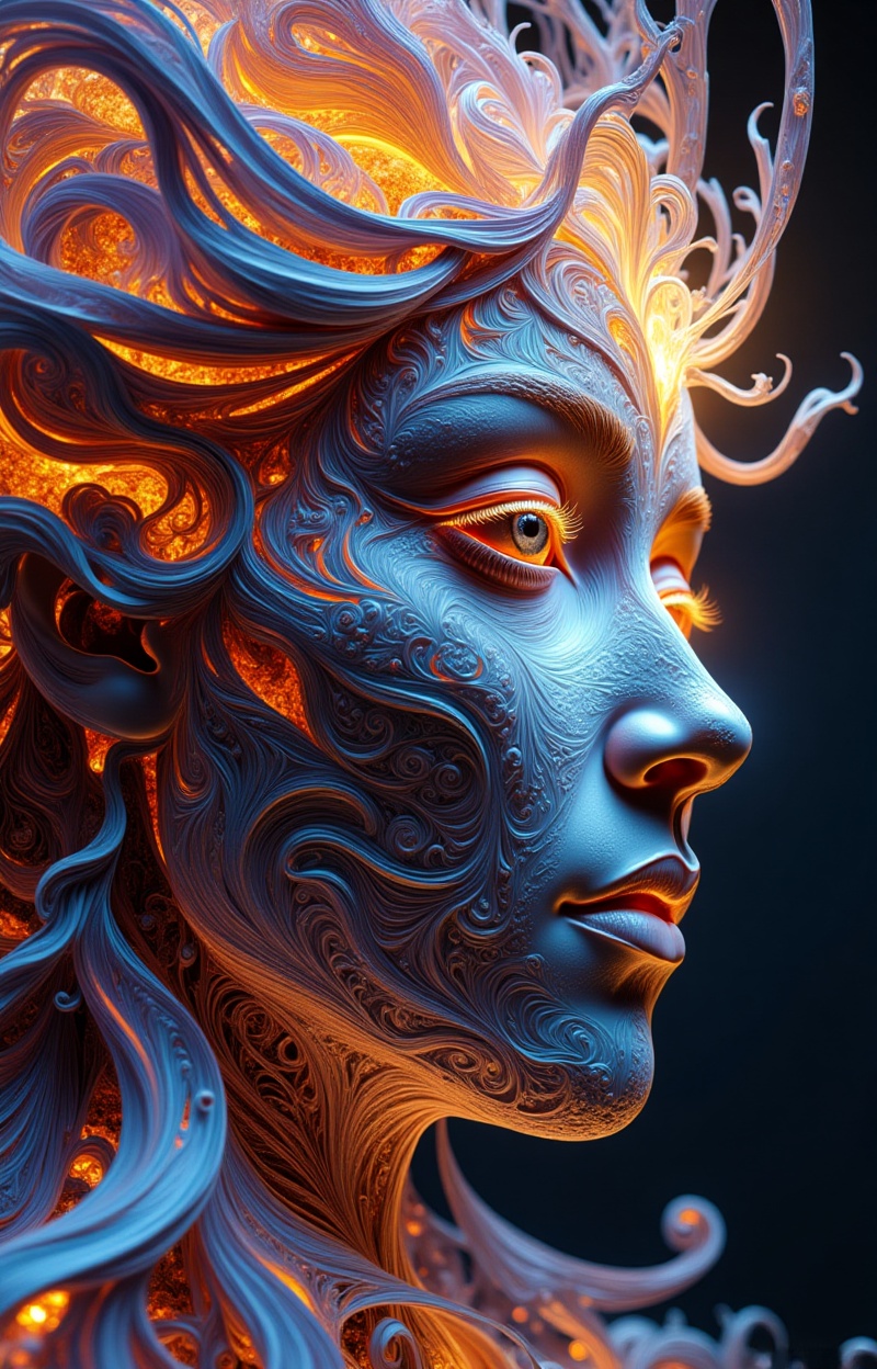 Portrait of a human face,  fractal face,  constructed from glowing fractal patterns on Tensor.Art