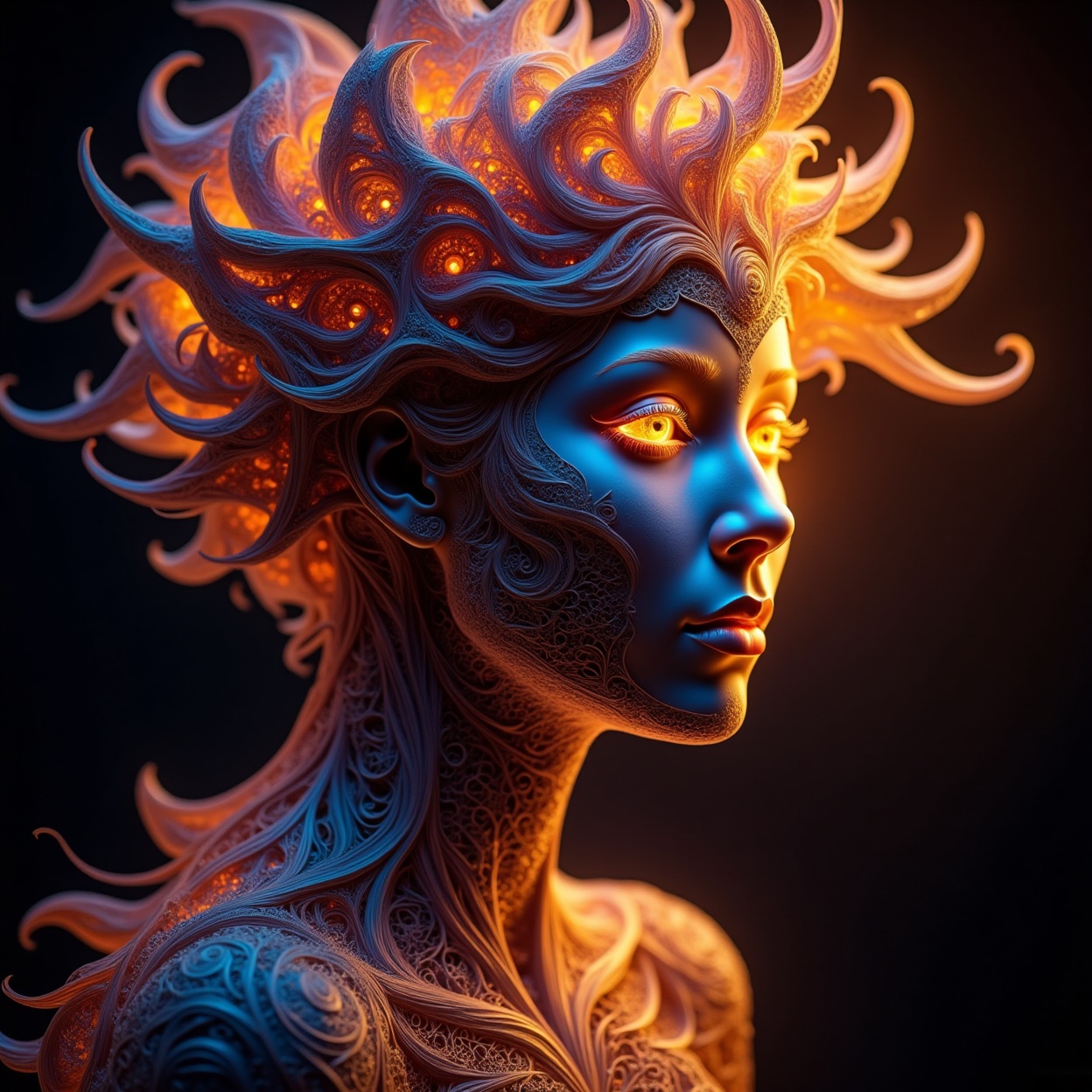 Portrait of a human face,  fractal face,  constructed from glowing fractal patterns on Tensor.Art