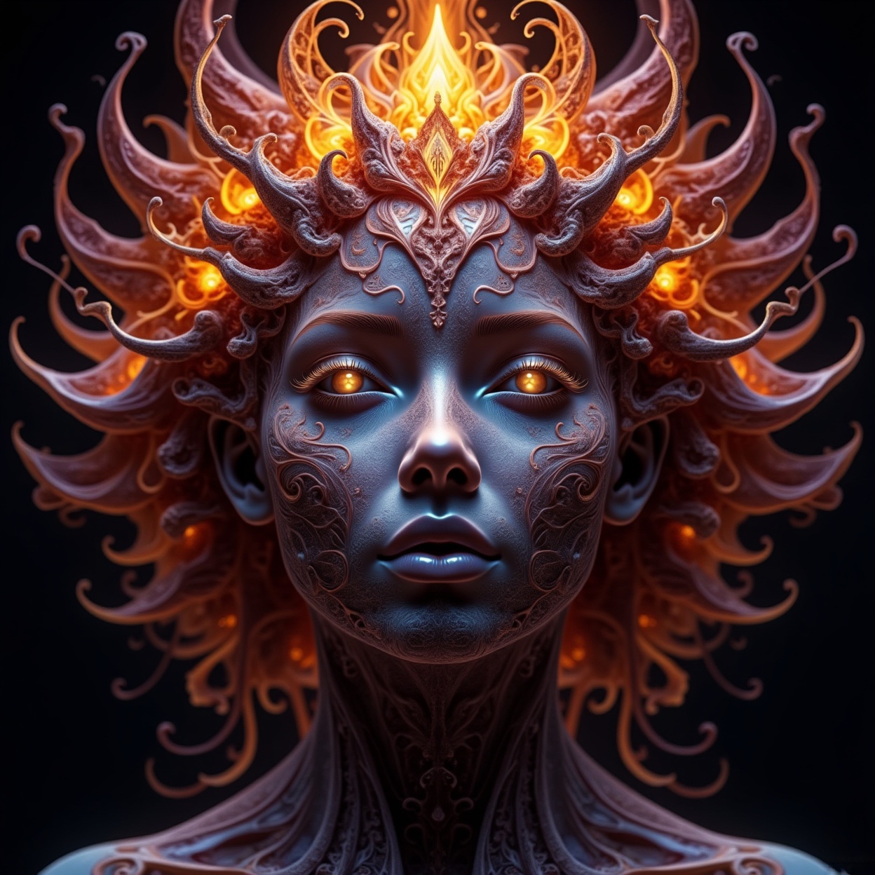 Portrait of a human face,  fractal face,  constructed from glowing fractal patterns on Tensor.Art