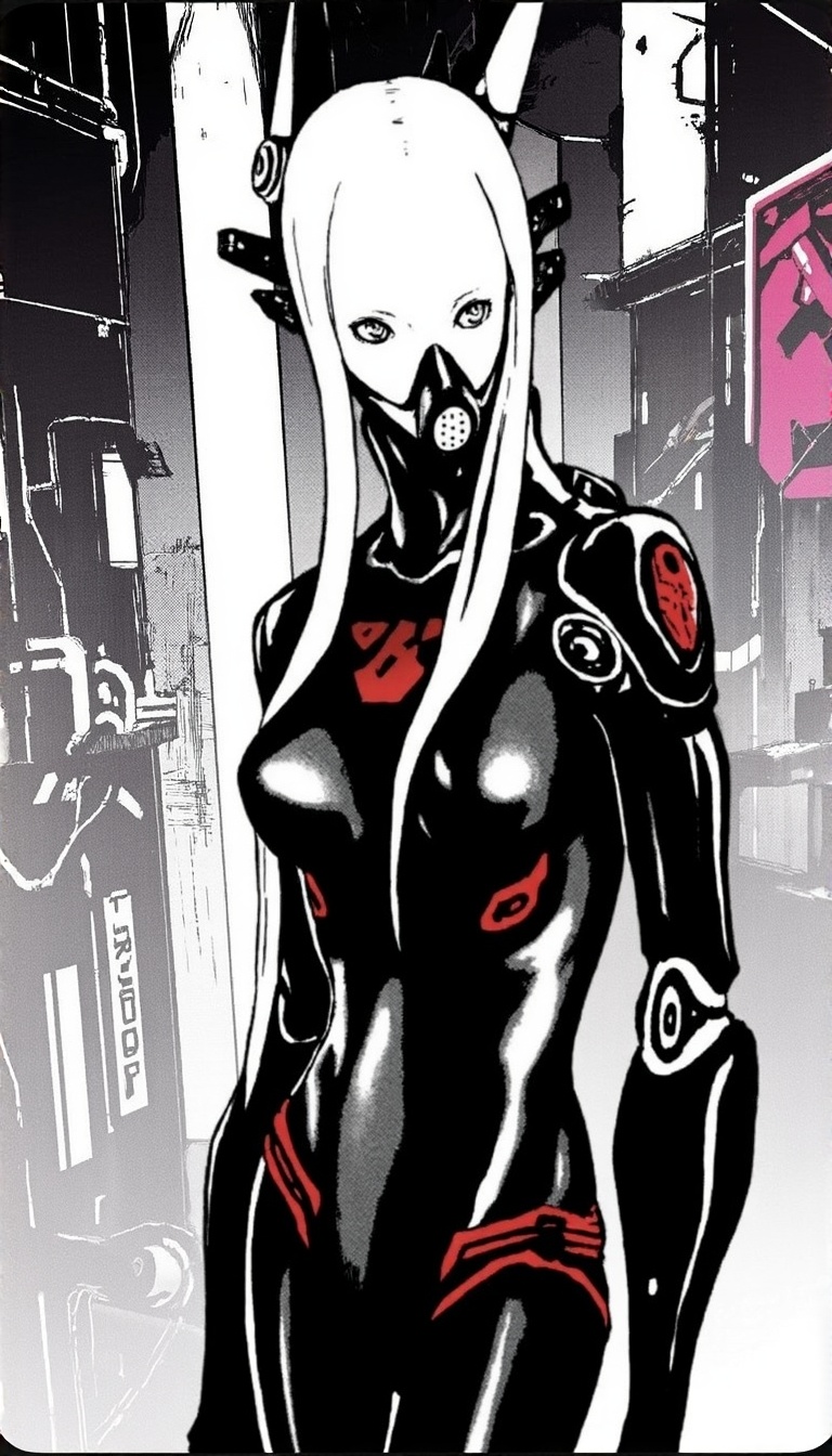 a monochrome manga illustration by tsutomo nihei,  1girl,  monochrome on Tensor.Art