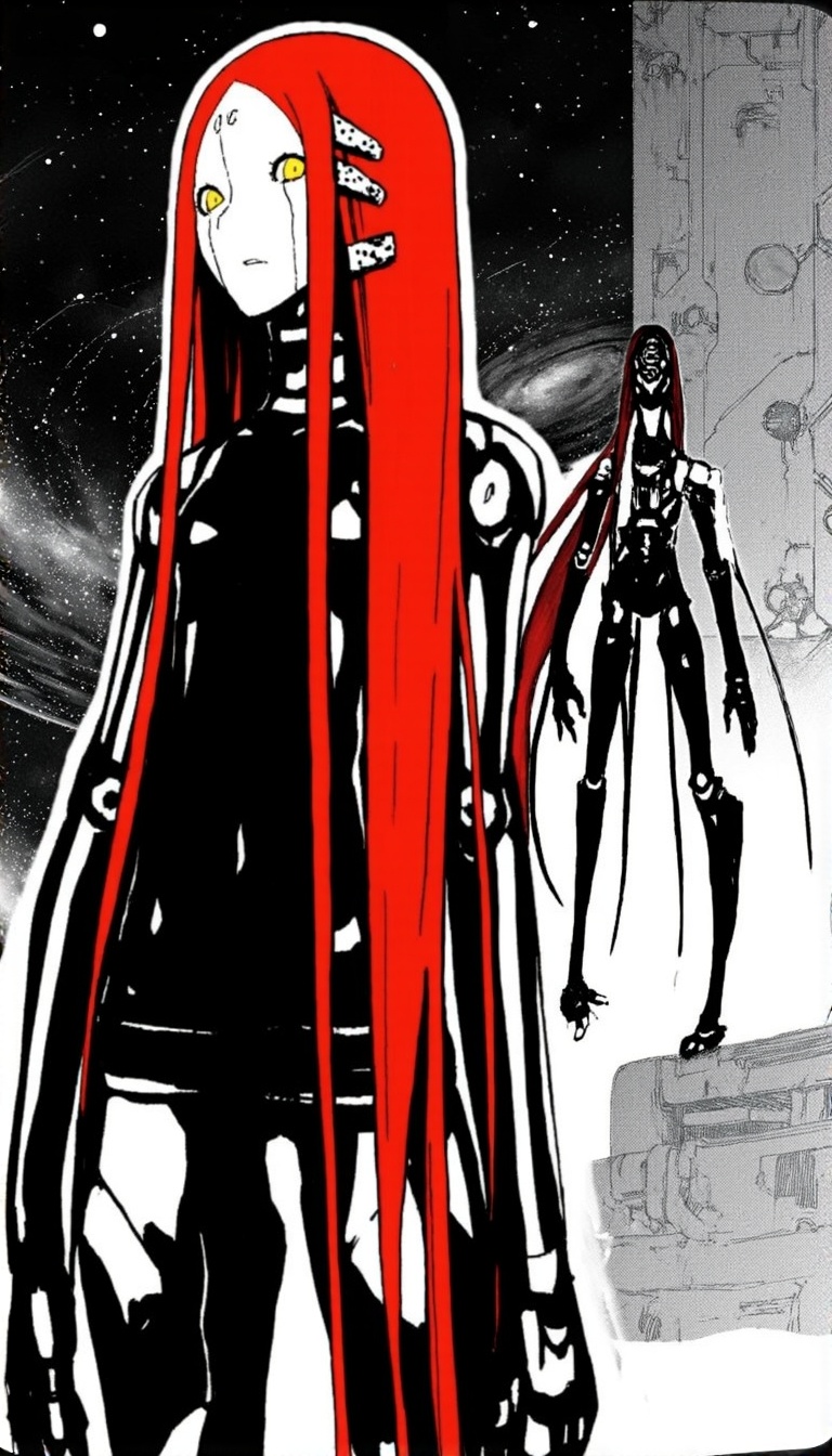 a monochrome manga illustration by tsutomo nihei,  1girl,  yellow eyes on Tensor.Art