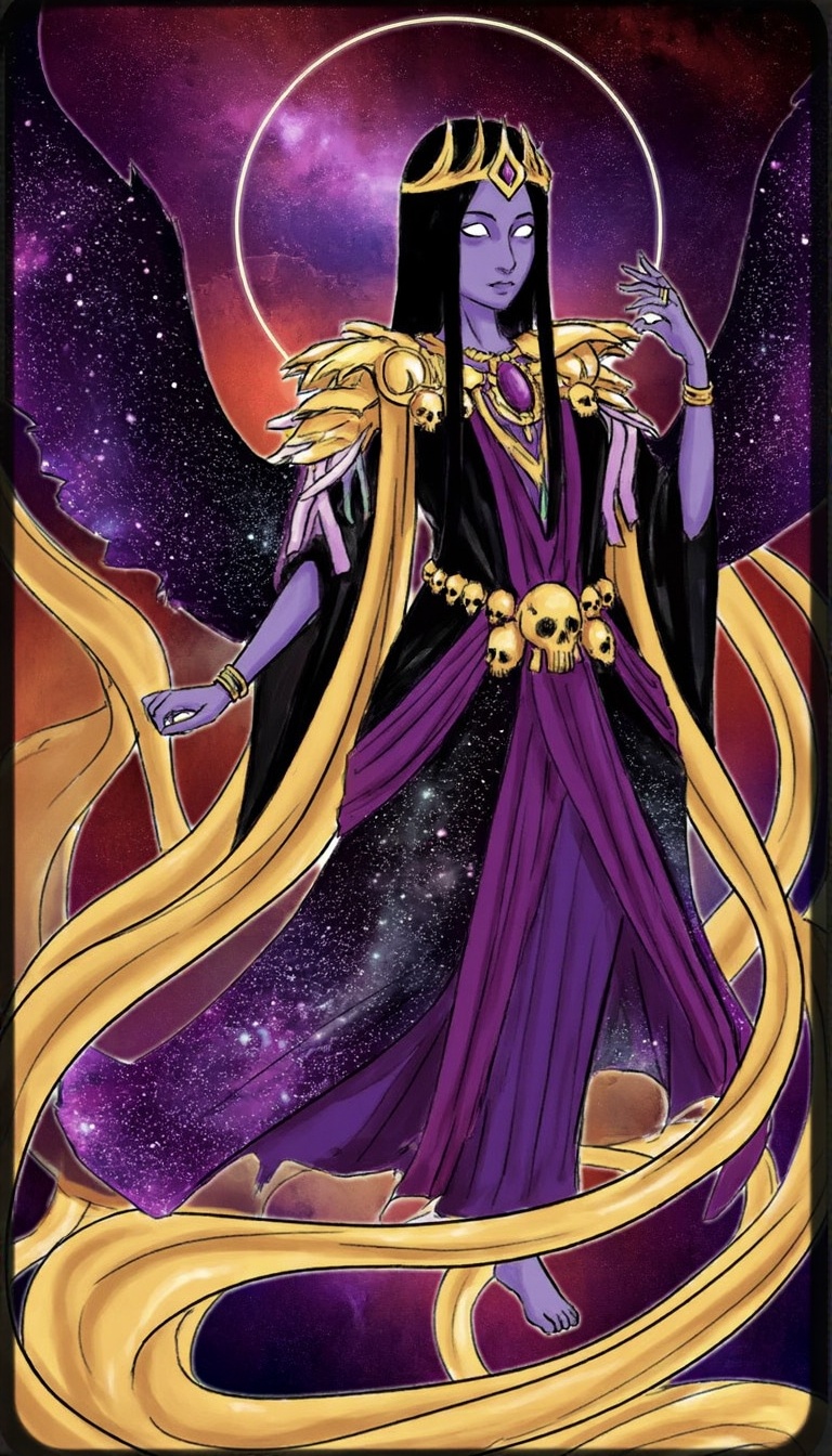 Nyx,  goddess of night,  adorned in flowing dark robes with deep purple and gold accents on Tensor.Art