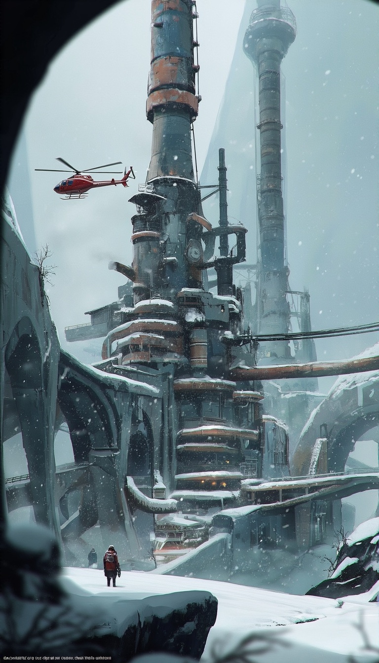 a futuristic snow-covered industrial complex with towering crumbling structures and a large central smokestack. A small re...