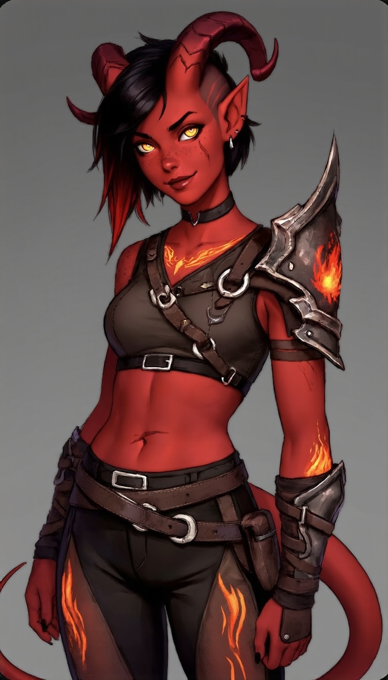 KAR4LCH is a muscular tiefling warrior with deep red skin,  glowing orange eyes,  and prominent curved horns. She has shor...