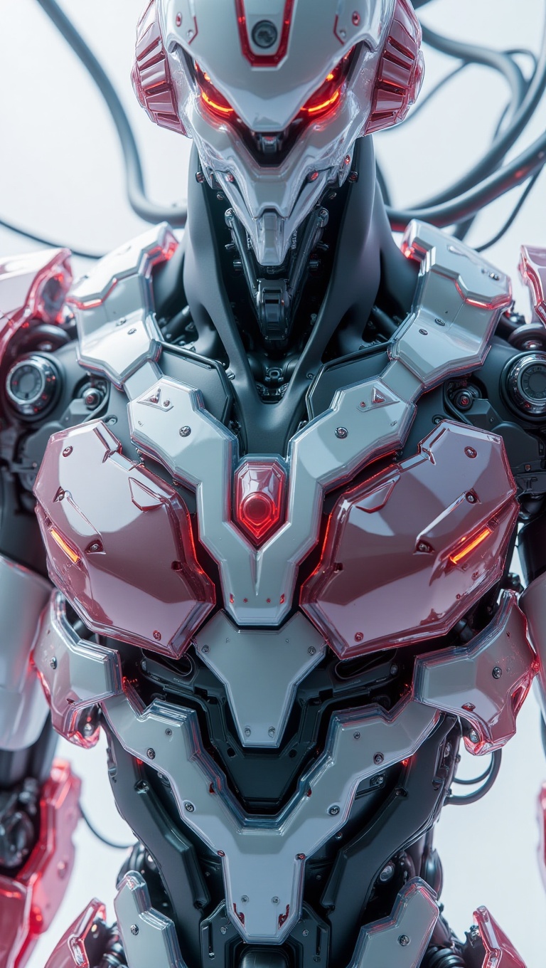 A highly detailed 3D render of a mecha robot's chest plate,  designed with a futuristic,  cyberpunk aesthetic. The surface...