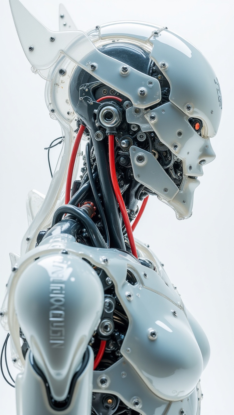 This image showcases a hyper-detailed,  close-up view of a futuristic robotic or biomechanical entity encased in a translu...