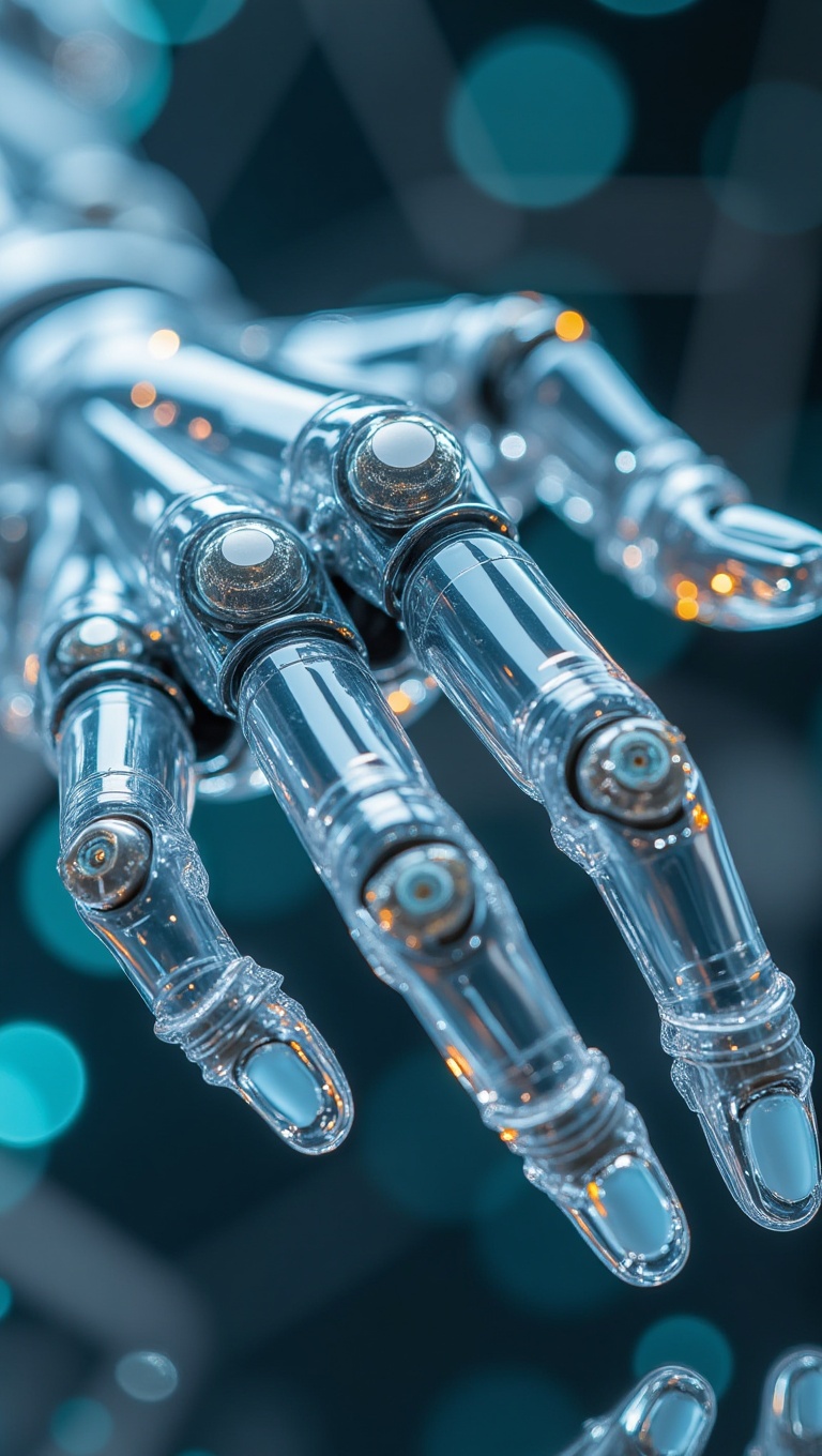 macro shot of a futuristic android's hand,  crafted from shiny,  transparent crystal and polished chrome. The high-detail...