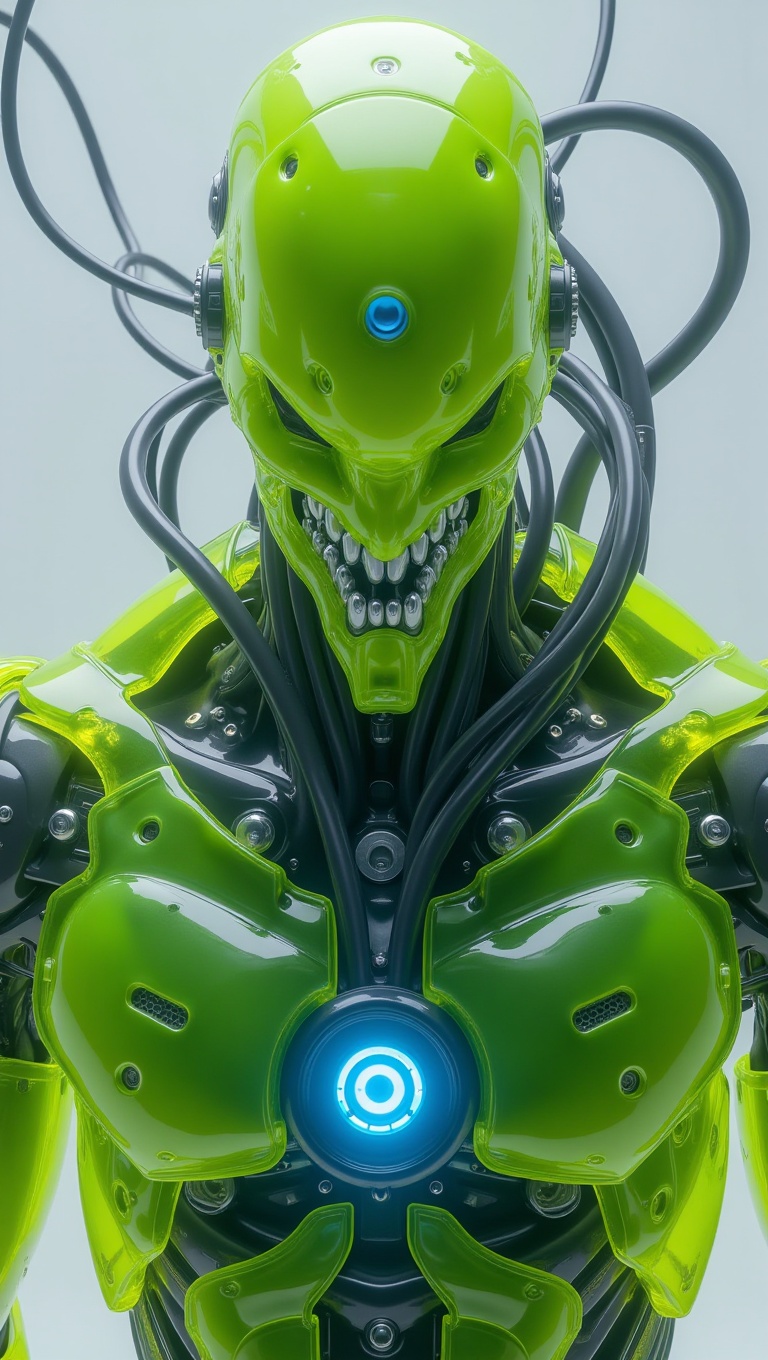 Ultra-detailed cinematic portrait of a futuristic cybernetic being with a translucent neon lime-green crystalline exoskele...