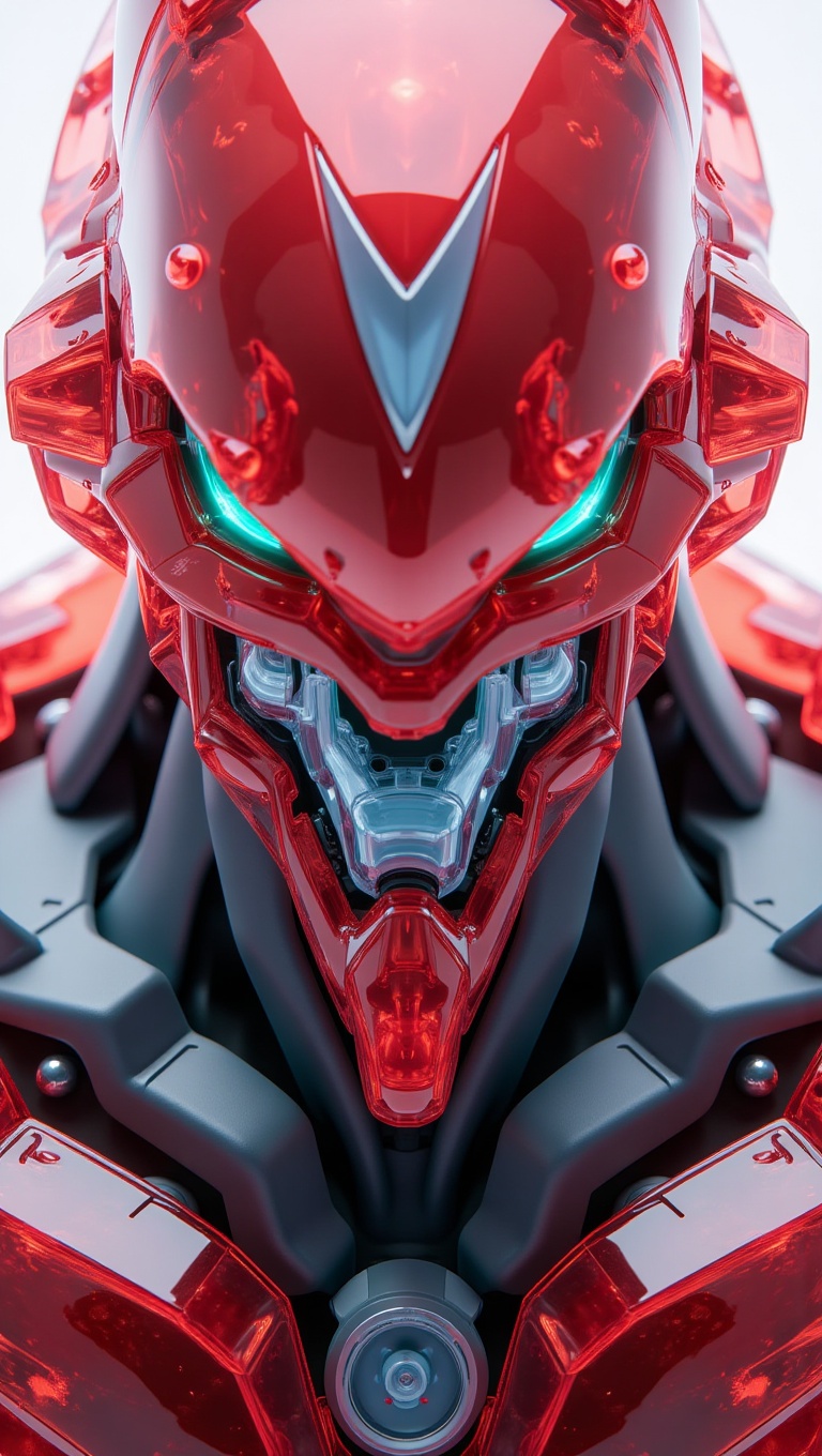 Ultra-detailed close-up of a futuristic sci-fi mech head and chest armor,  rendered in translucent crystalline red with gl...