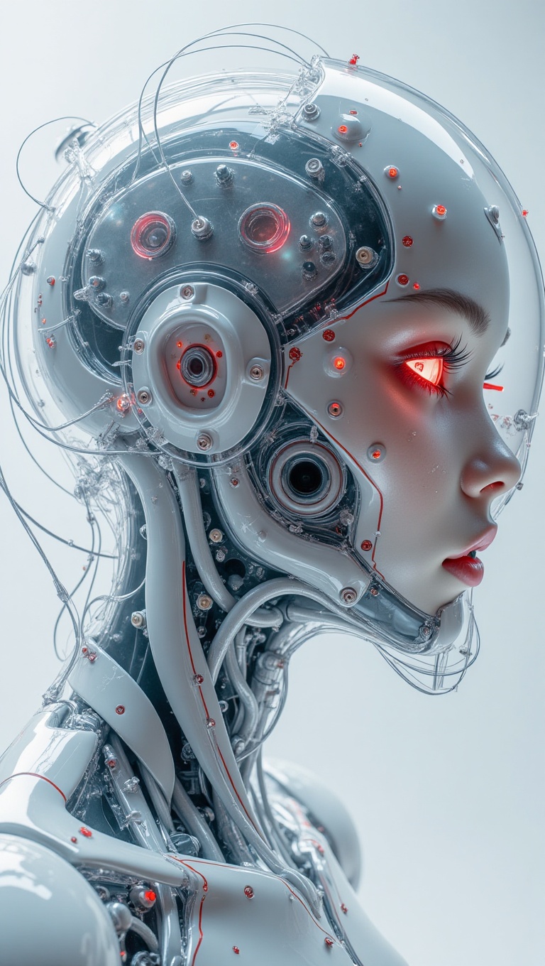 A macro 3D render of a cyberpunk android’s face,  designed to resemble a high-detail pencil art sketch with sharp,  styliz...