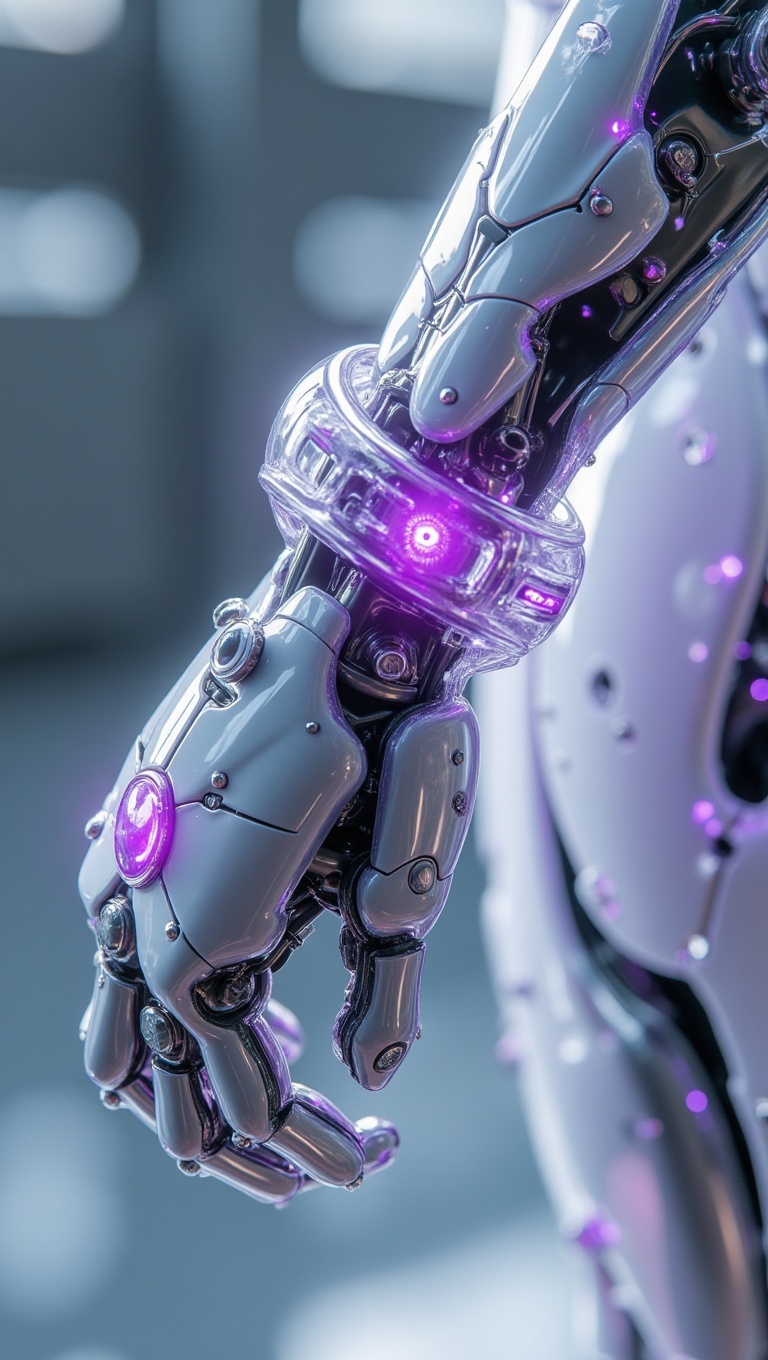 A macro 3D render of a futuristic fashion accessory—a sleek,  metallic arm cuff worn by a cyborg,  crafted from transparen...