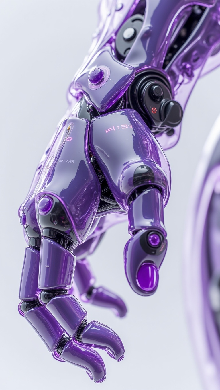 A macro 3D render of a futuristic robot's arm,  showcasing a combination of transparent plastic,  glossy chrome on Tensor.Art