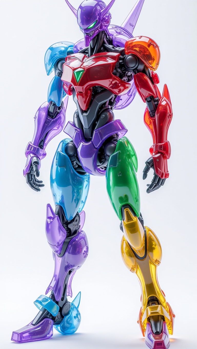 Create a highly detailed 3D-rendered image of a futuristic mecha with a translucent,  crystalline body in vibrant colors l...