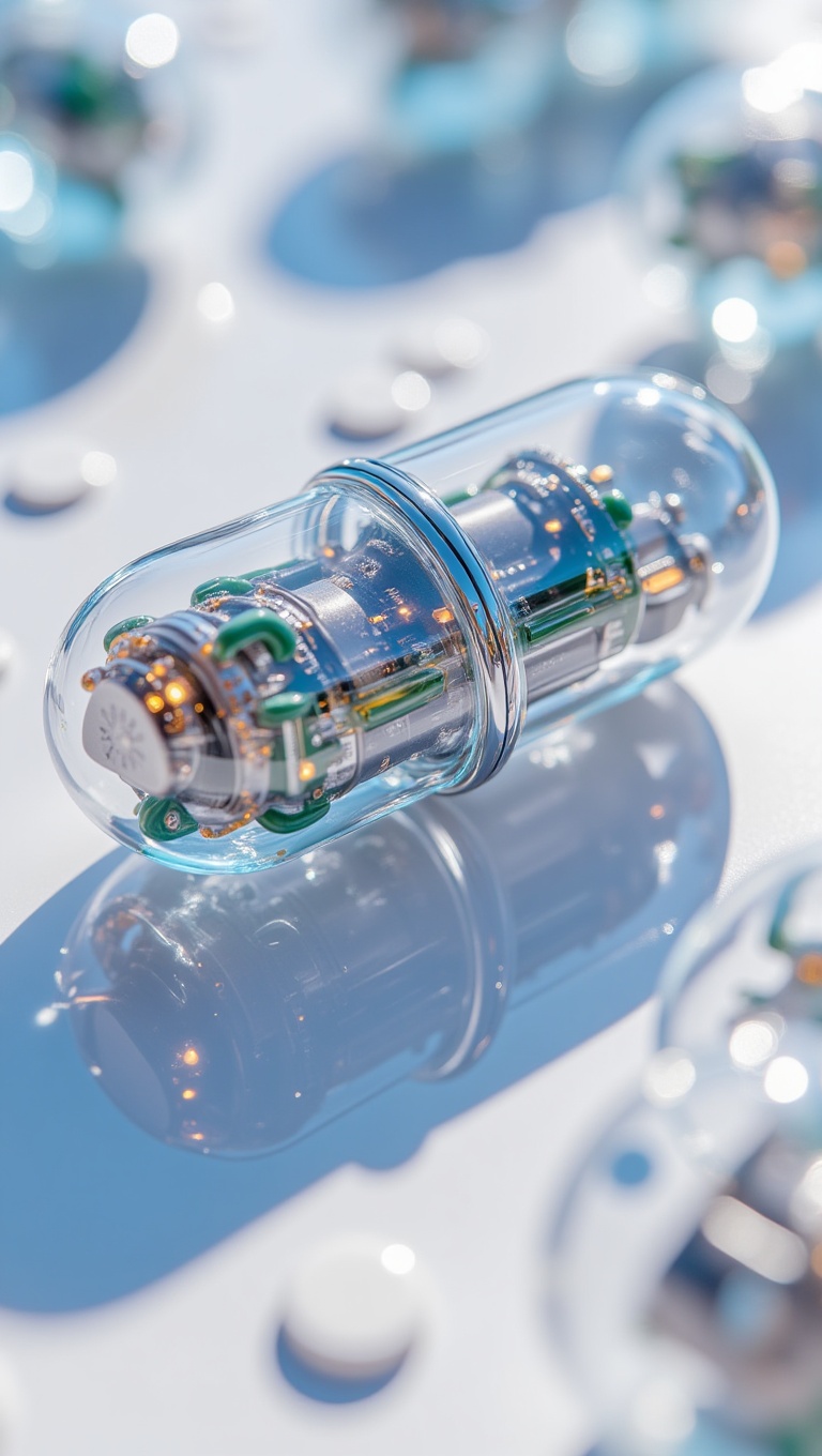 A close-up 3D render of a futuristic medicine pill,  designed as a sleek,  transparent capsule with a glossy acrylic shell...