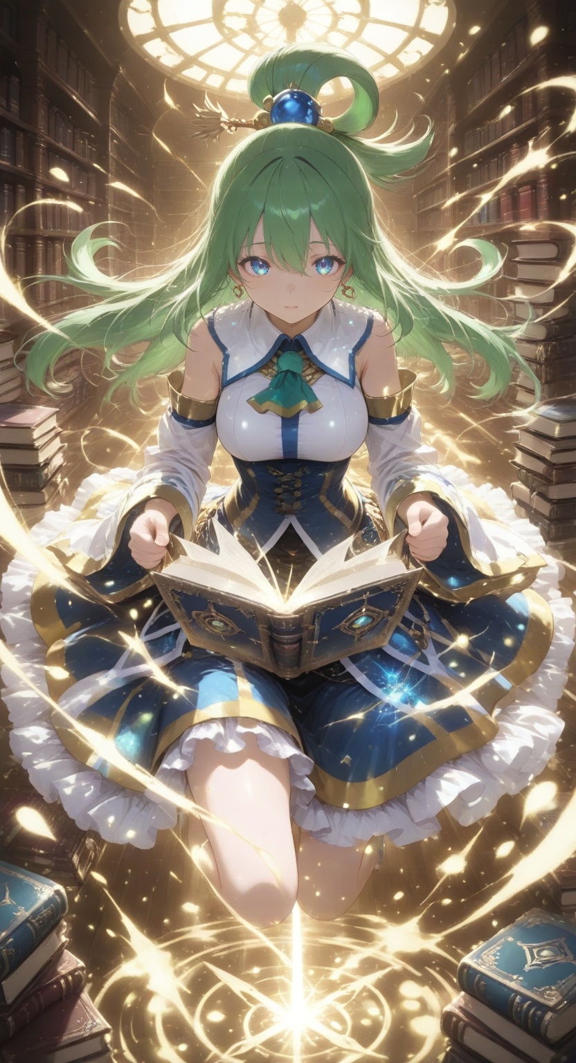 animestyle、when one girl opens her book,  she is enveloped in a dazzling light、There are lots of light clocks floating beh...
