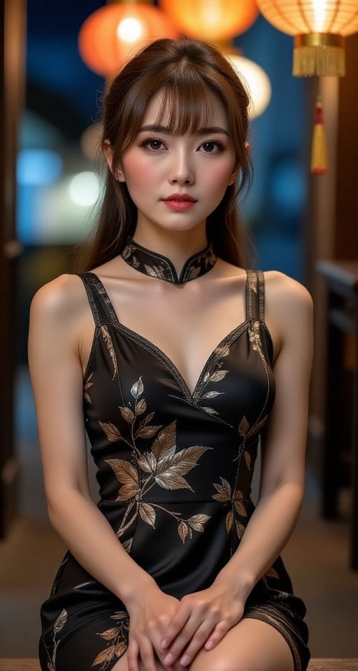 A high-resolution,  ultra-detailed image of 1girl solo breasts looking at viewer bangs brown hair black hair dress bare sh...