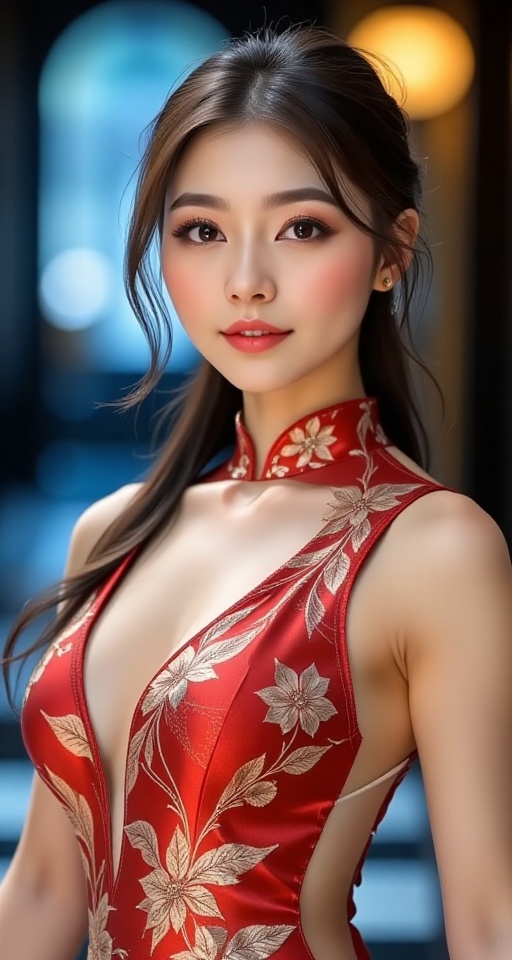 A high-resolution,  ultra-detailed image of 1girl solo breasts looking at viewer brown hair black hair dress cleavage medi...