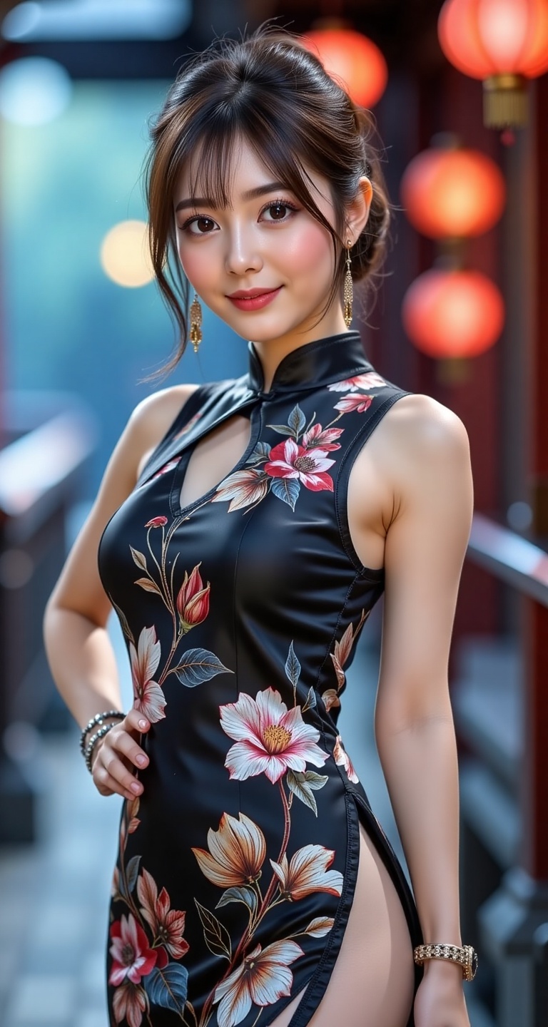 A high-resolution,  ultra-detailed image of 1girl solo looking at viewer short hair brown hair black hair thighhighs dress...