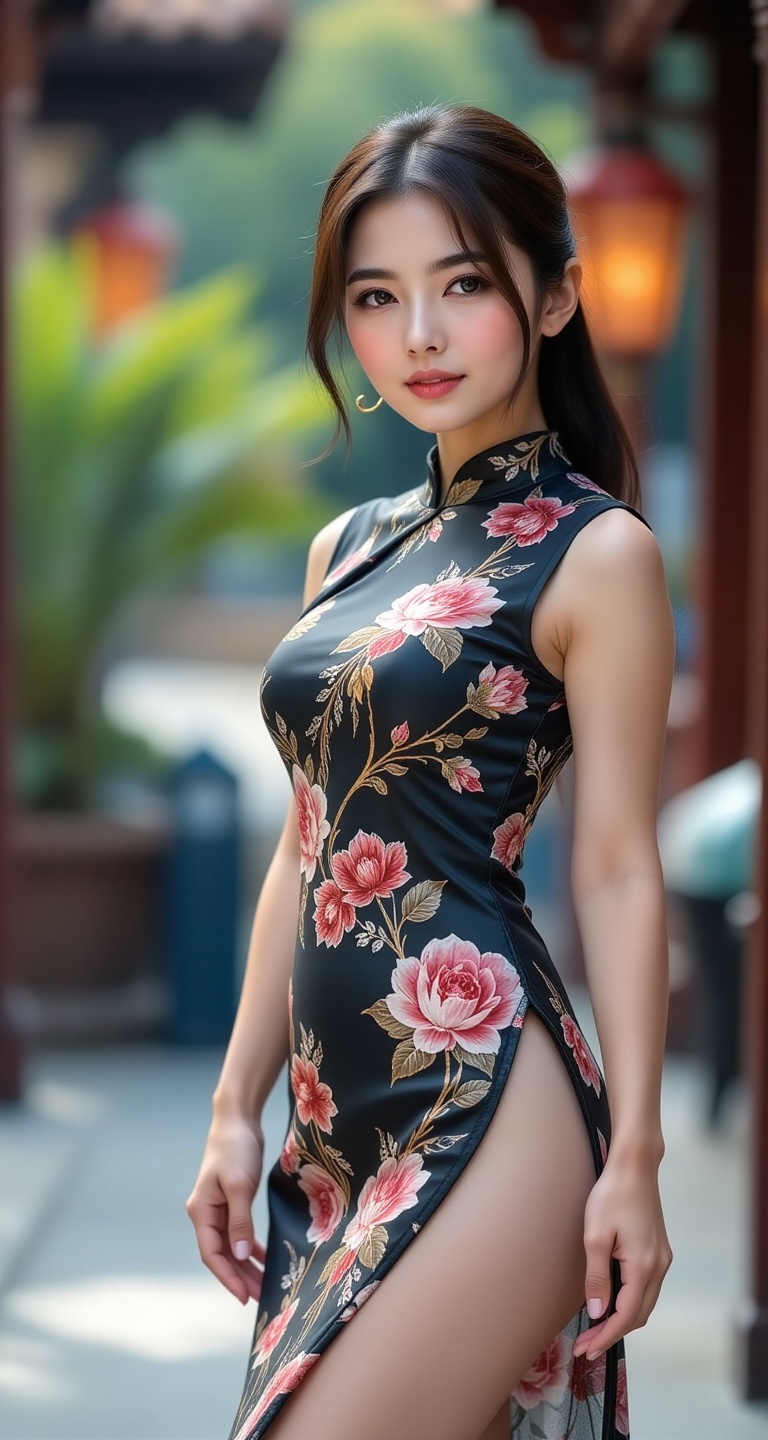 A high-resolution,  ultra-detailed image of 1girl solo smile black hair dress brown eyes lips standing thighs thighs above...