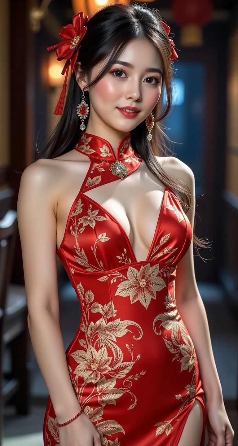 A high-resolution,  ultra-detailed image of 1girl solo long hair breasts black hair hair ornament dress cleavage bare shou...