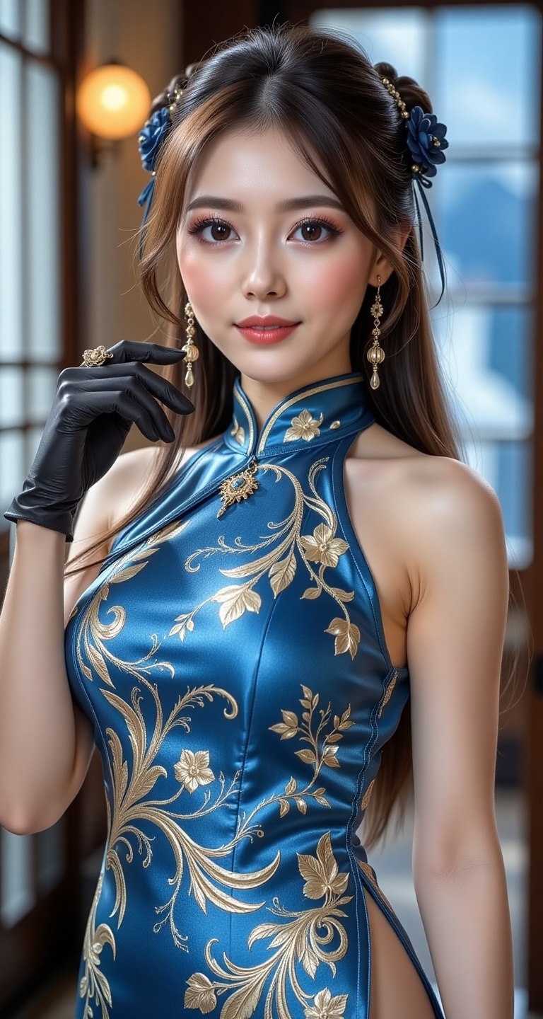 A high-resolution,  ultra-detailed image of 1girl solo long hair breasts brown hair gloves dress bare shoulders jewelry me...