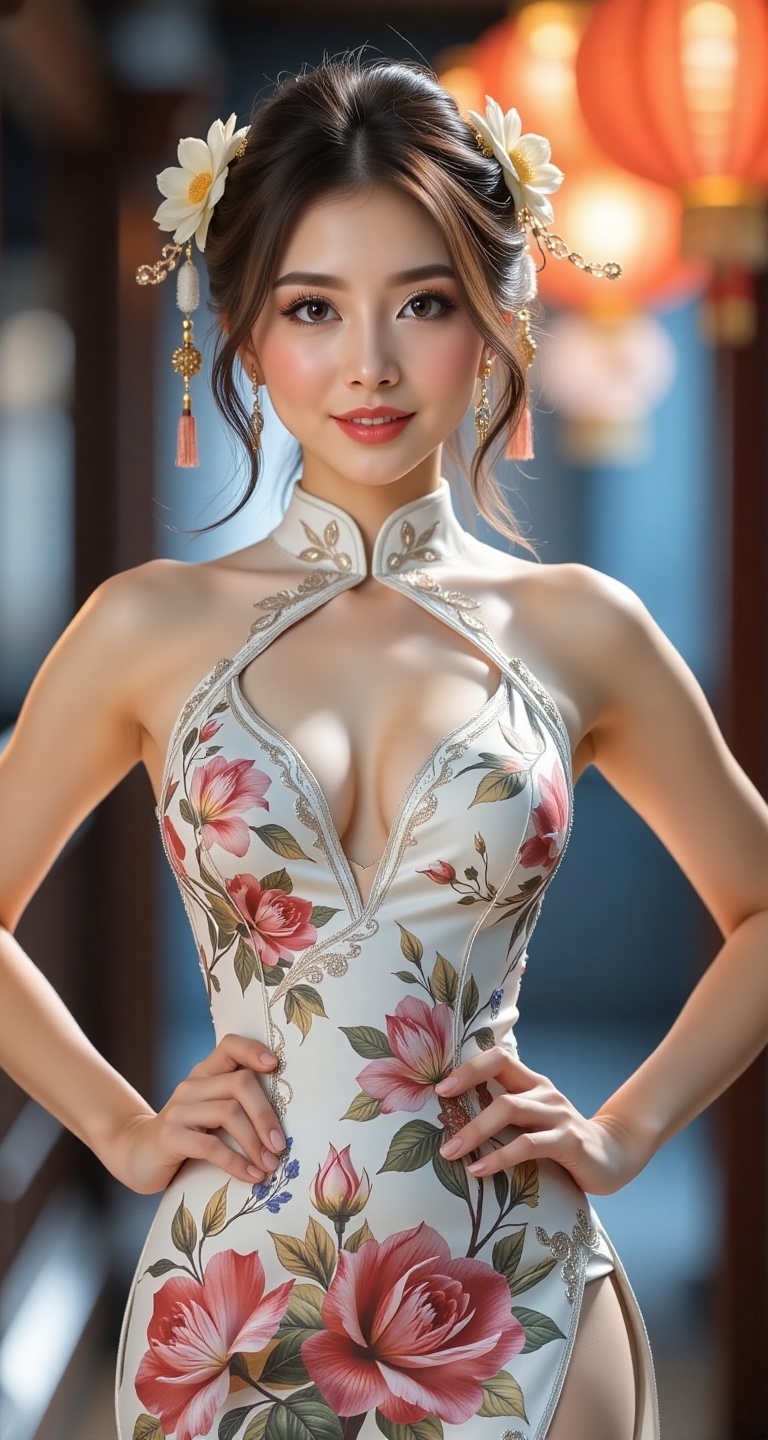 A high-resolution,  ultra-detailed image of 1girl solo breasts brown hair black hair hair ornament dress cleavage medium b...