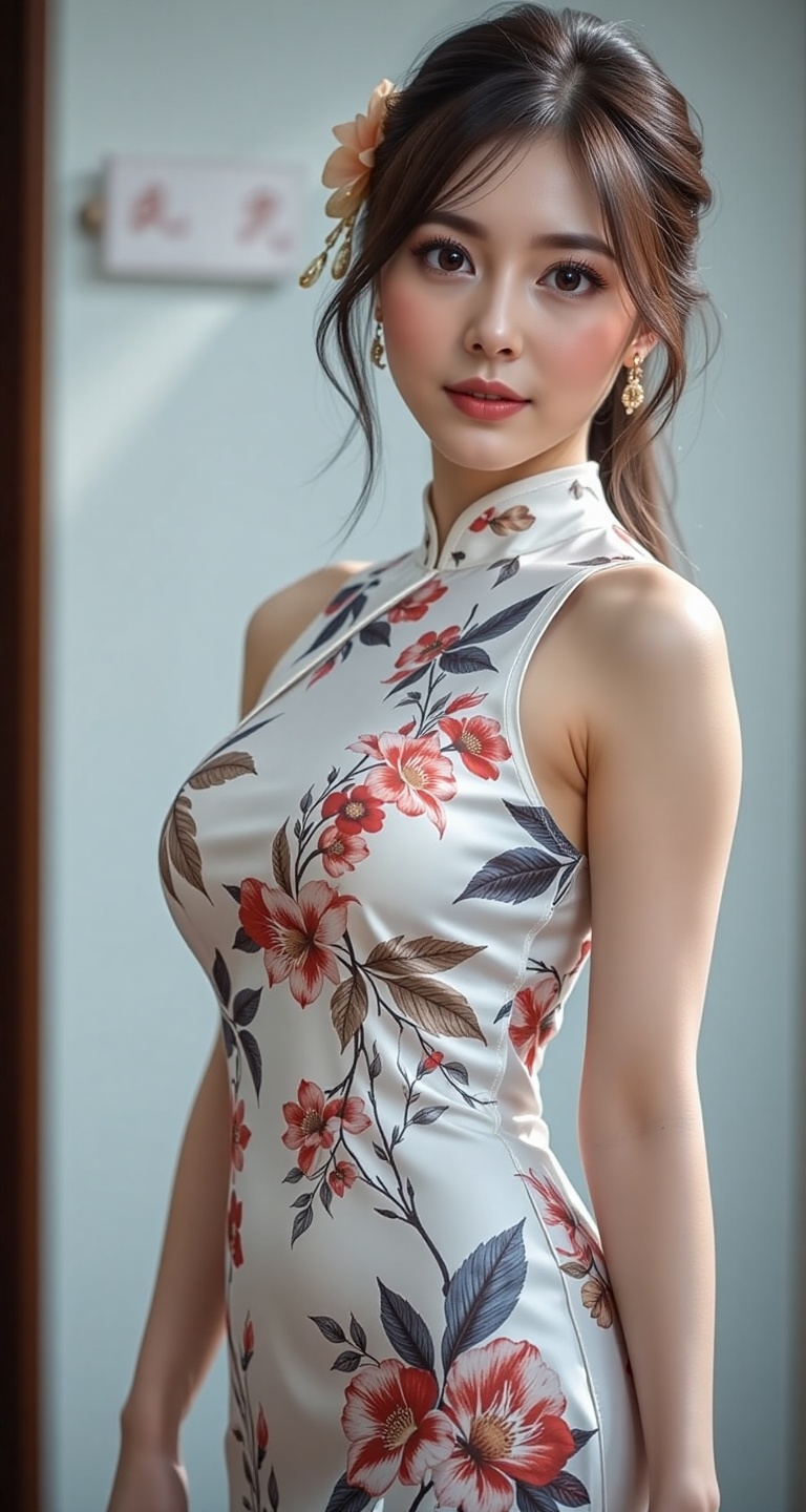 A high-resolution,  ultra-detailed image of 1girl solo breasts looking at viewer simple background brown hair black hair h...