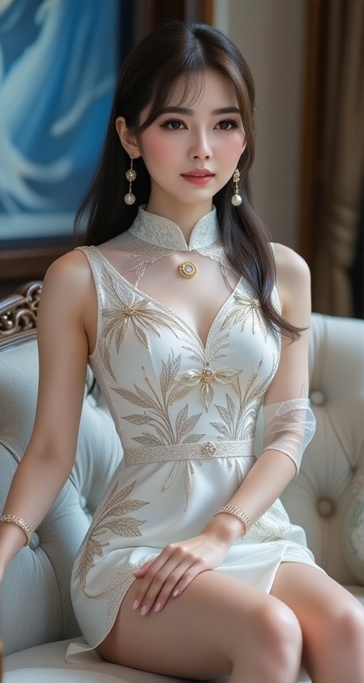 A high-resolution,  ultra-detailed image of 1girl solo long hair black hair thighhighs dress jewelry white dress chinese c...