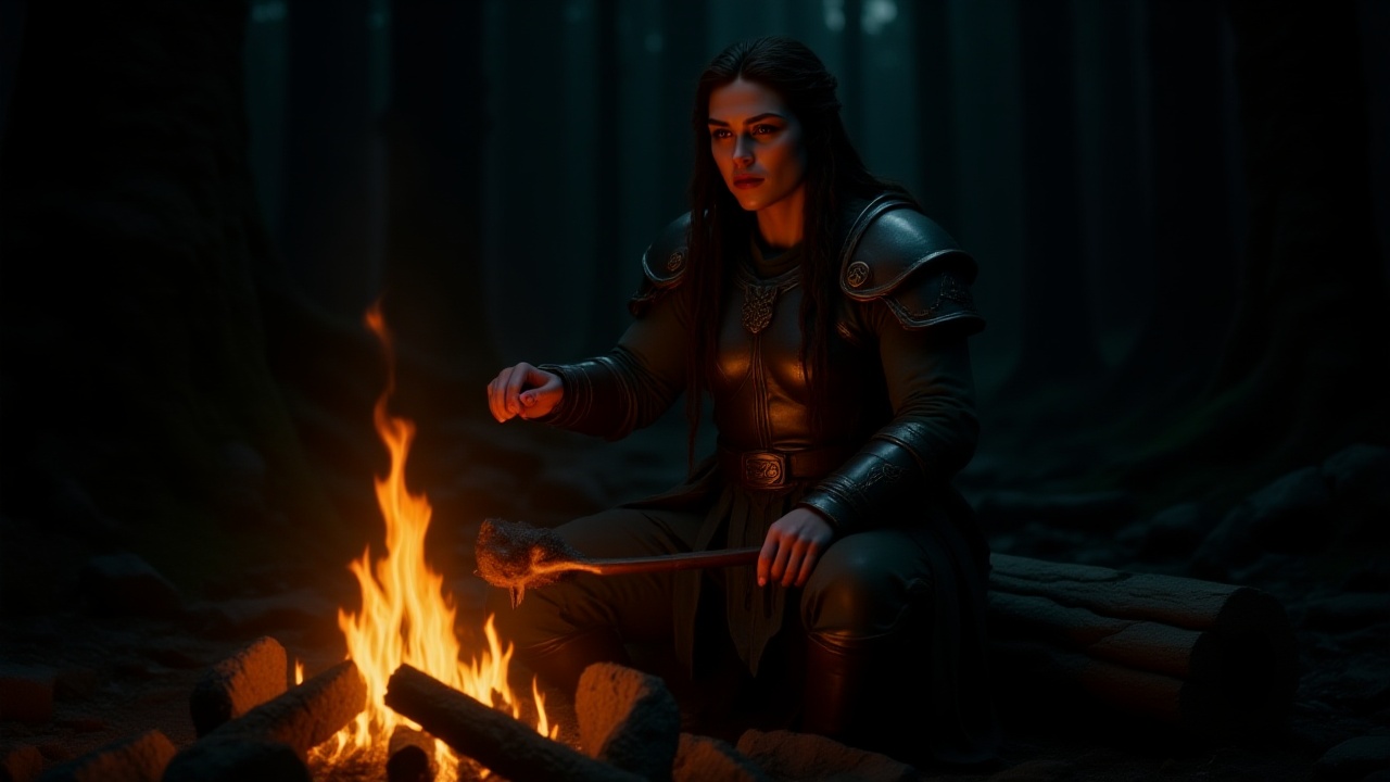 A female warrior stands by her campfire,  roasting a freshly killed wolf over the flames. The camp is set in a rugged wild...