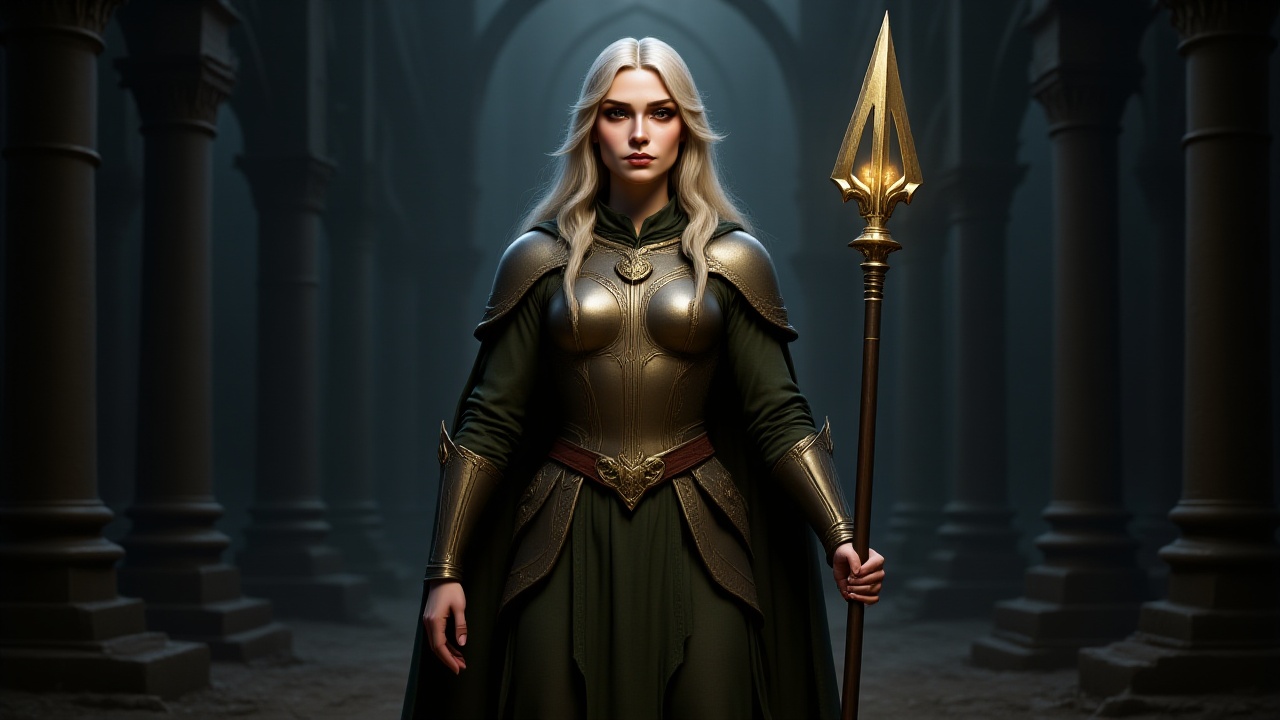 Create an original character for a fantasy setting,  focusing on a beautiful and epic female warrior who embodies the esse...